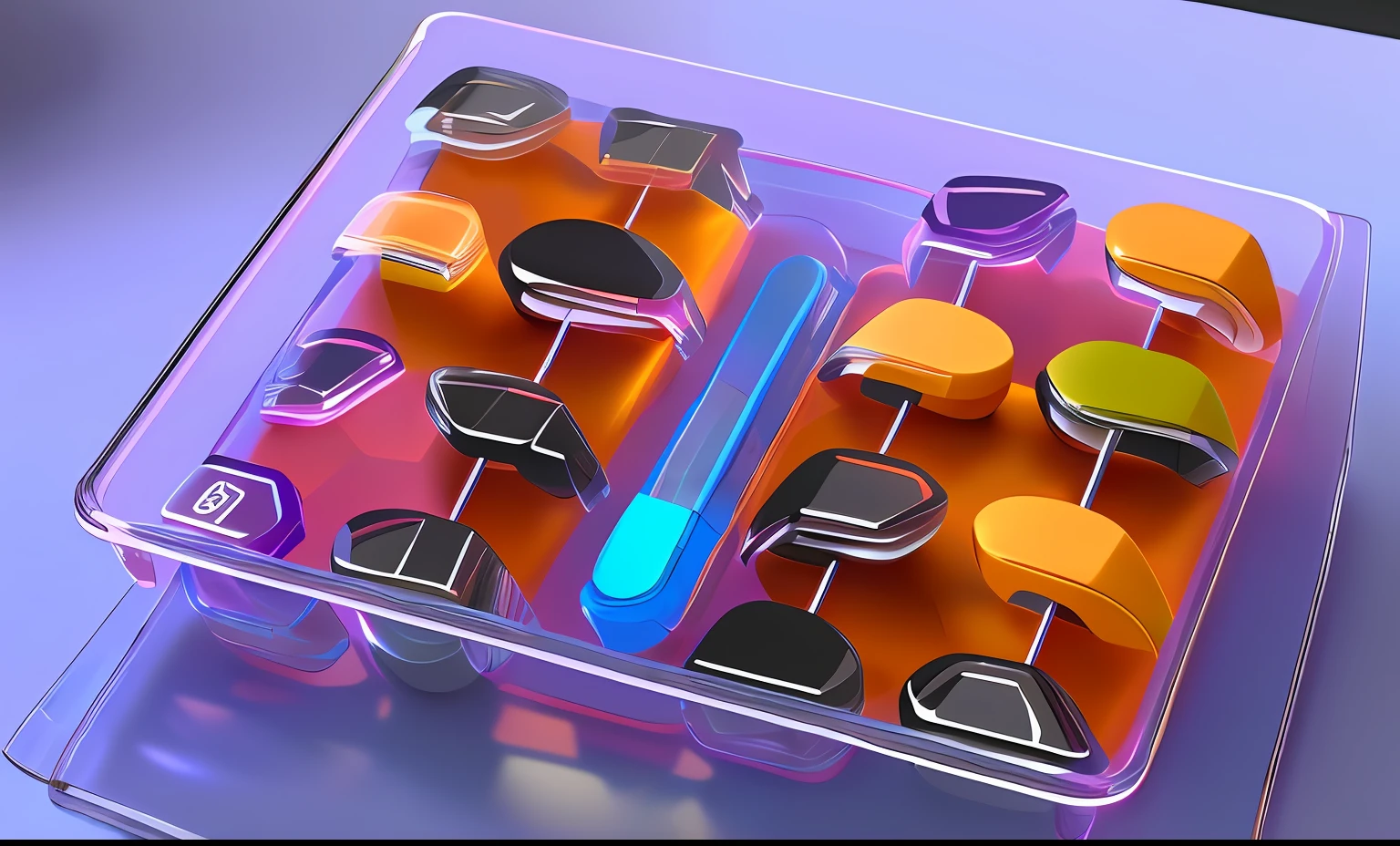 (There are various items in the transparent box：Product design, 3Drenderingof, Keyframe presentation, plethora of colors, glossy plastic, Key shot presentation, transparent carapace, futuristic glasses lenses, 3D octane rendering，Present a 3D depiction of the teaser)