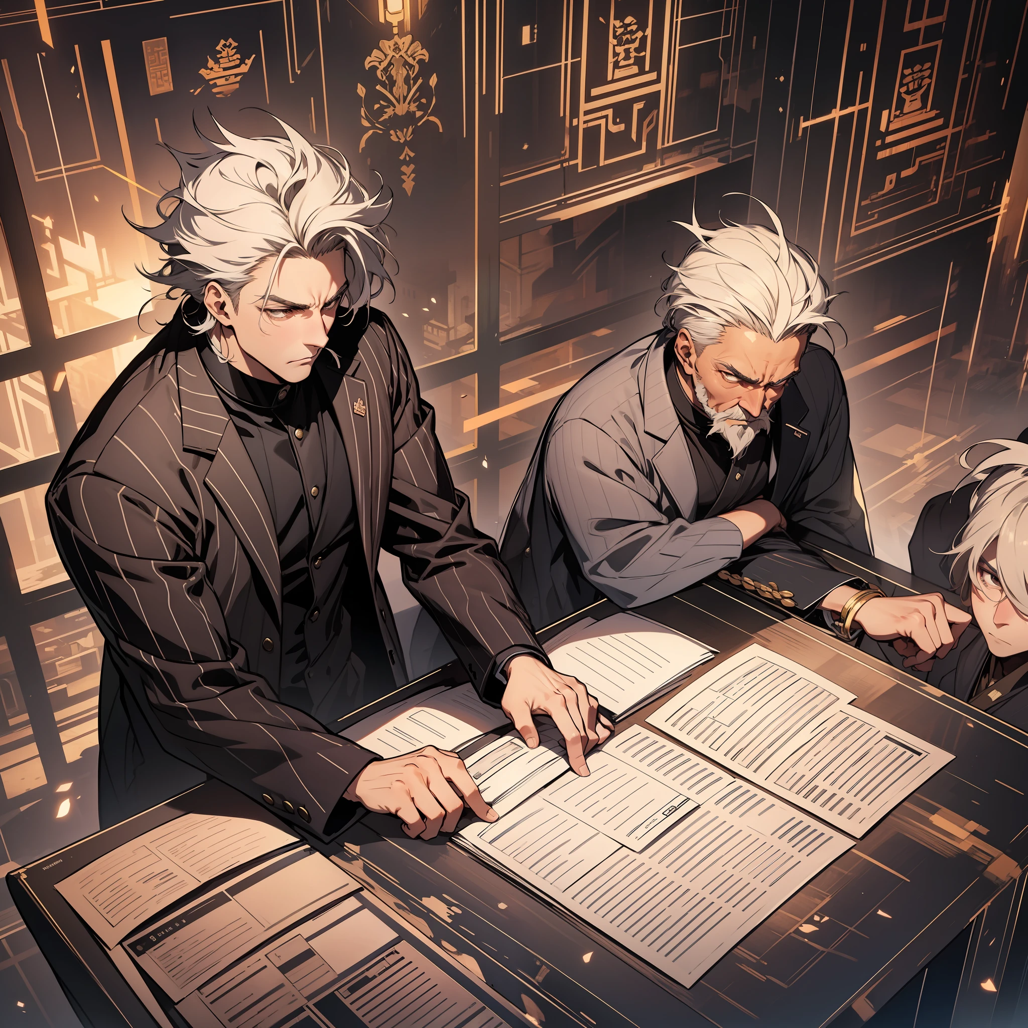 Multiplayer graph,White-haired old man,Black-haired young man,Gorgeous palace,Shogun,sitted,Business suit,whaite hair,brunette color hair,serious-expression