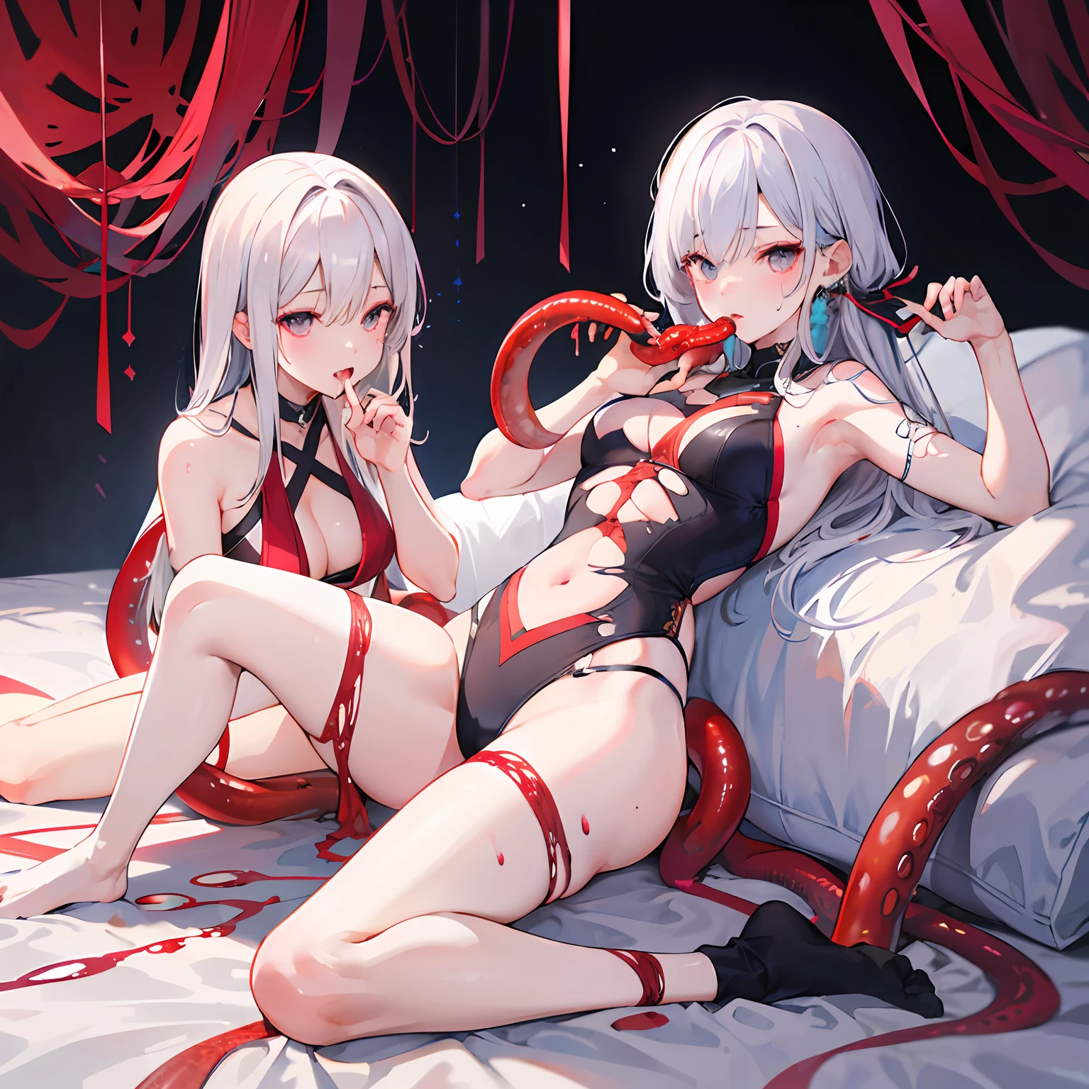 A beautiful girl,Spit hot air out of your mouth,Normal humans,Normal ears,Two hands,Two legs,A head,seductiv,Lie down in bed,Bigchest,long leges,largeeyes,Be red in the face,Full Body Sweat,Tangled in tentacles,Tied to the bed with spider silk,Nice face,see-through transparent clothes,Clothes were torn apart,The whole body is covered with mucus,Beautiful hair,pretty nose, clothes,Hot figure,Seductive body,Posture seduction,The upper and lower lips are connected to saliva,Eyes seductive,Exposed clothing,Dead reservoir water,Taste,adolable,年轻,Pure,捆绑play,The reveal panties,Mouth open,Eyes open,Strangle,Muscle mass texture,Pubic area is clear,orgasmc