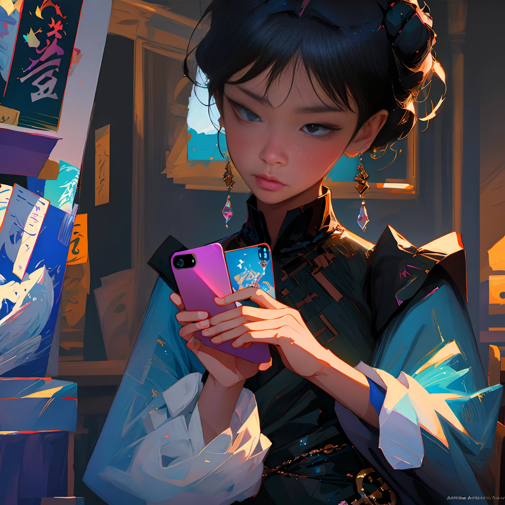 Anime - Guvez style digital painting，A masterpiece of art of great detail，Guweiz on ArtStation and Pixiv，inspired by Yanjun Cheng，Boy taking a selfie with his mobile phone，The composition is outstanding，Low detail but still sophisticated，Give a high-quality digital anime illustration experience。