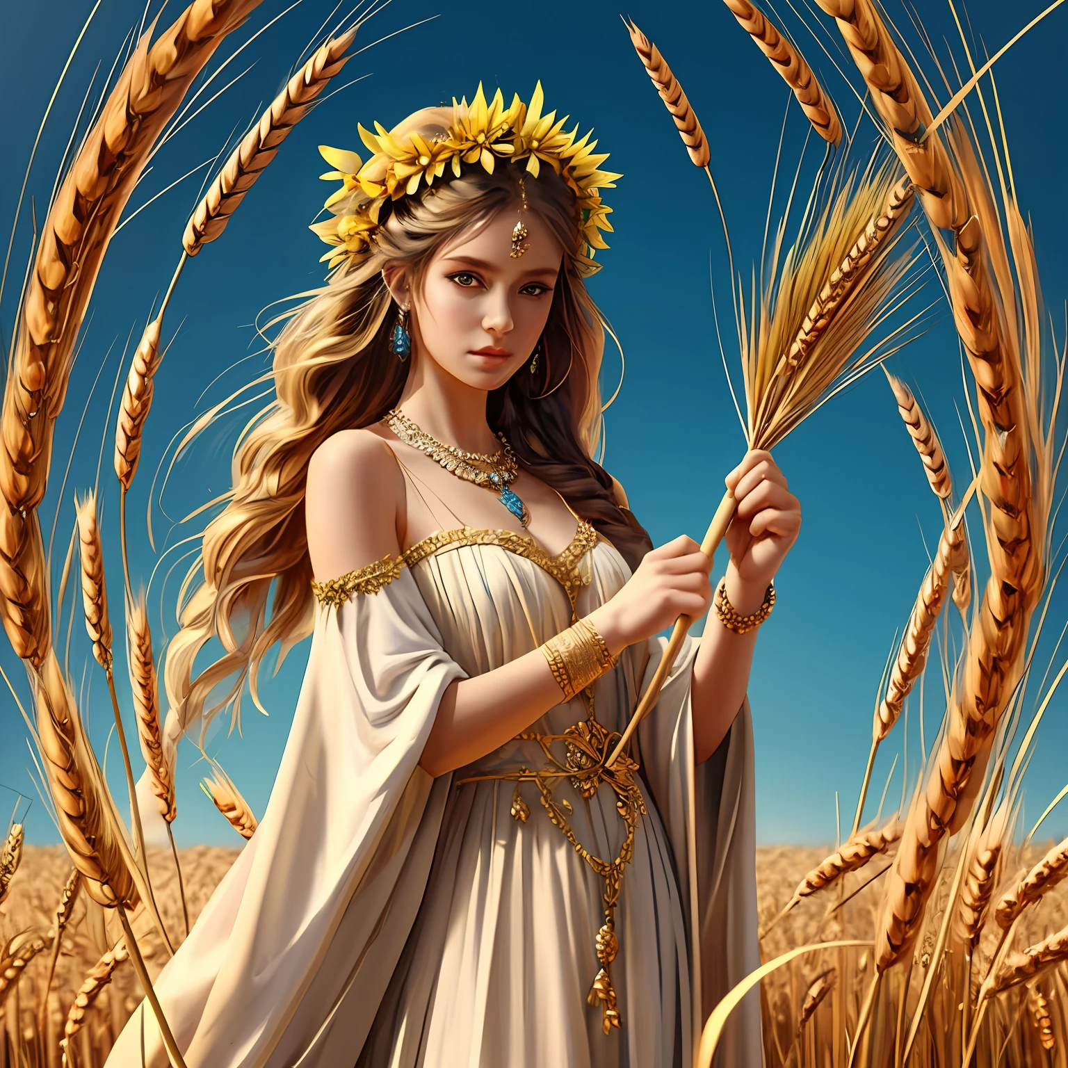 Virgo is known to carry various objects that represent her character traits. She often holds a sheaf of wheat in her hand, symbolizing her association with the harvest and the earth's bounty. This represents her practical nature and ability to bring order and abundance to her surroundings. Additionally, she may be depicted with a book or scroll, highlighting her analytical mind and thirst for knowledge. Virgo wear greek cloth style and hair is wavy hair.