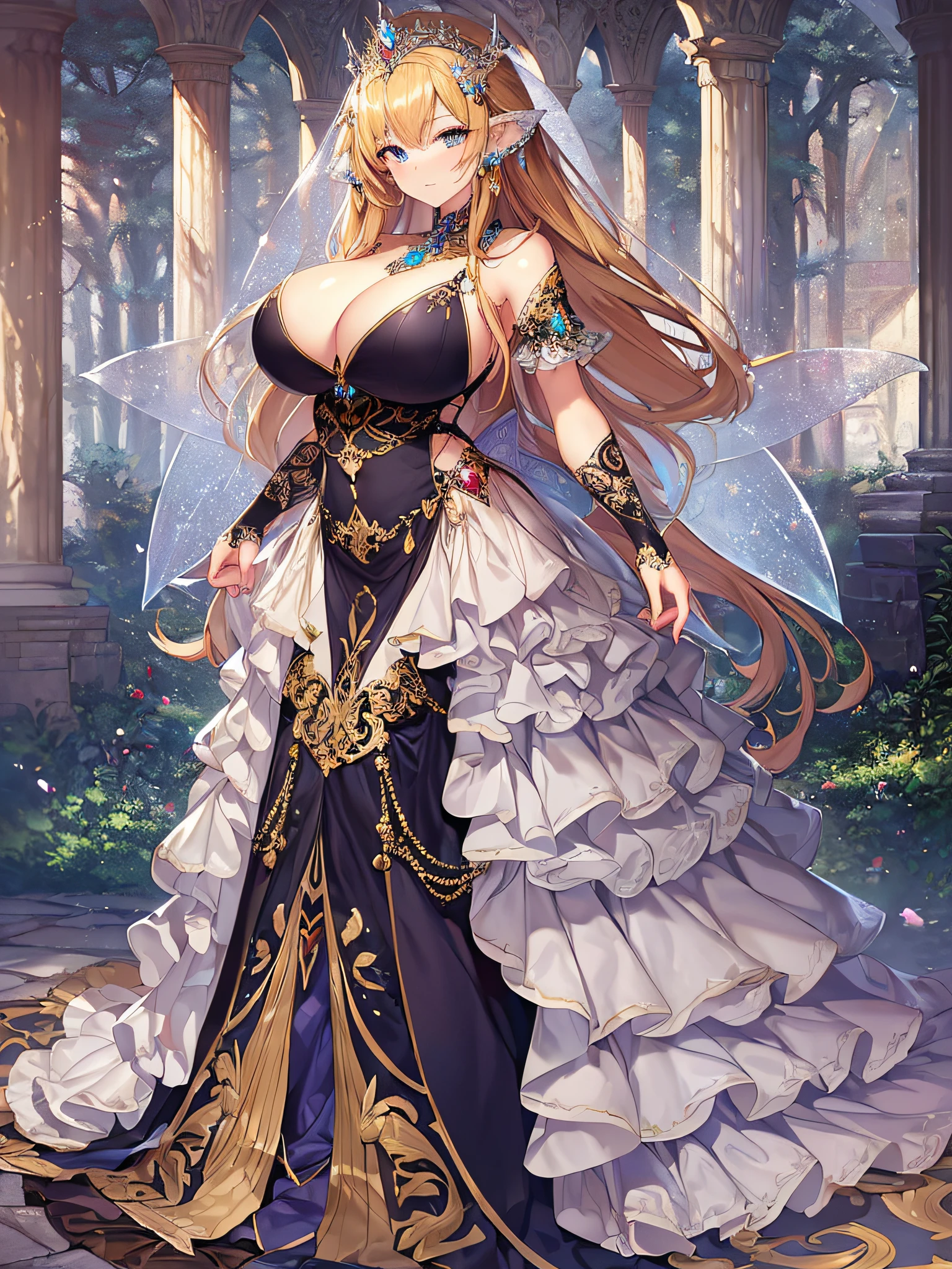 ((anime artstyle)),(Masterpiece),(Best Quality), (Super Detail),((Very Delicate and Beautiful)),Focus on character,Dynamic Angle,Looking at viewer,((Solo)),standing,((full body)),((one fairy tale princess in gorgeous ball gown with voluminous skirt)),detailed face and eyes,(fairy wings),jewel-like eyes,((Very Long voluminous Hair)),gorgeous embroidery and lace,See-through,ornate ruffles,(Gorgeous jewelry ornaments),luxury hair ornament,luxury tiara with jewels,(gigantic breasts,Long breasts),(outdoor,fairy tale forest),fairy tale atmosphere,full body,(((jeweled gorgeous ball gown with voluminous skirt))),