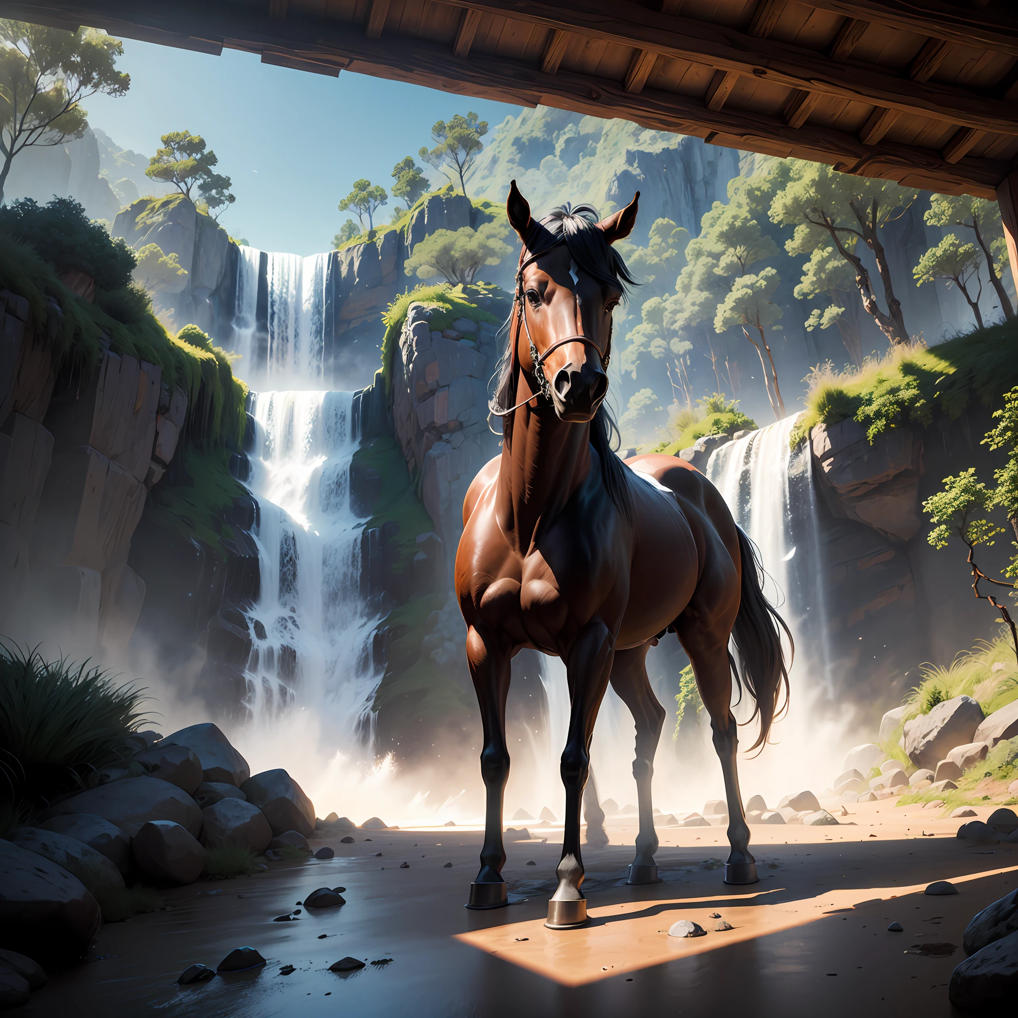 Un caballo pura sangre negro,con un pelage brilloso 8k,de fondo una cascada y un sol radiante arteen 3 D --auto