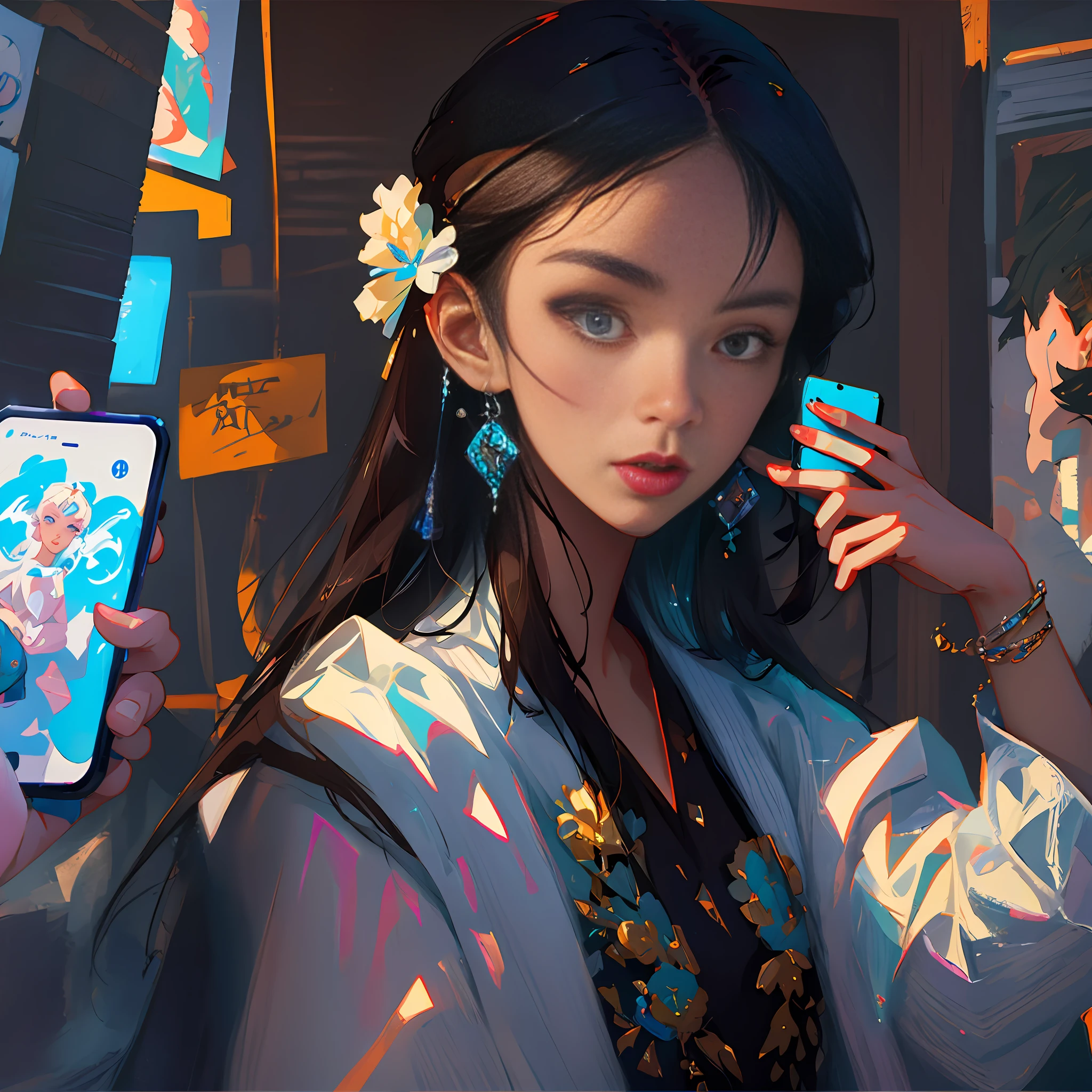 Anime - Guvez style digital painting,A masterpiece of art of great detail,Guweiz on ArtStation and Pixiv,inspired by Yanjun Cheng,Boy taking a selfie with his mobile phone,The composition is outstanding,Low detail but still sophisticated,Give a high-quality digital anime illustration experience。