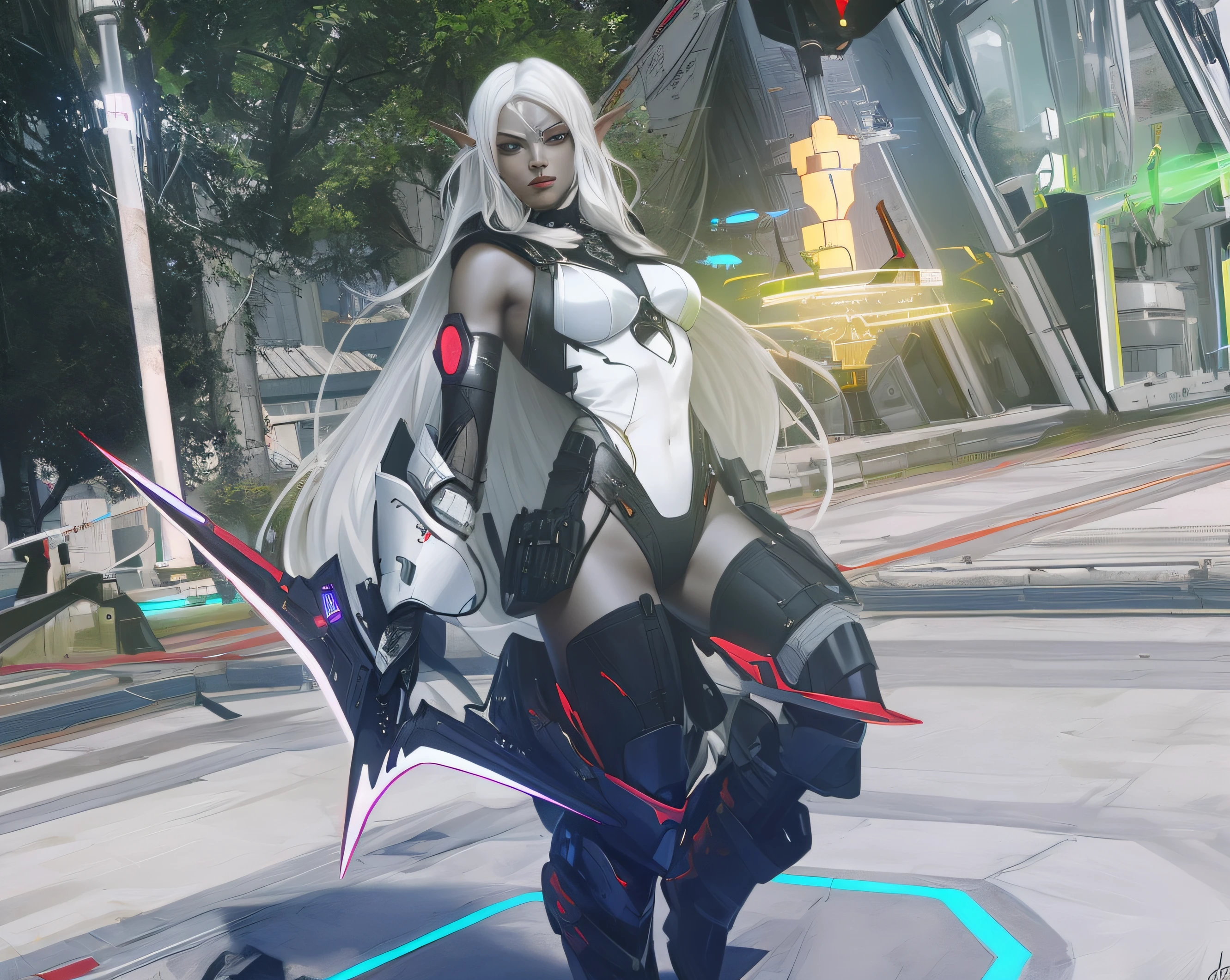 ((masterpiece,best quality)), Dark Elf woman with long white hair, in white black and red high tech leotard, black and red leg armor, black red and white gauntlets, holding Sci-fi daggers, in a futuristic town, realistic art style, intricate details