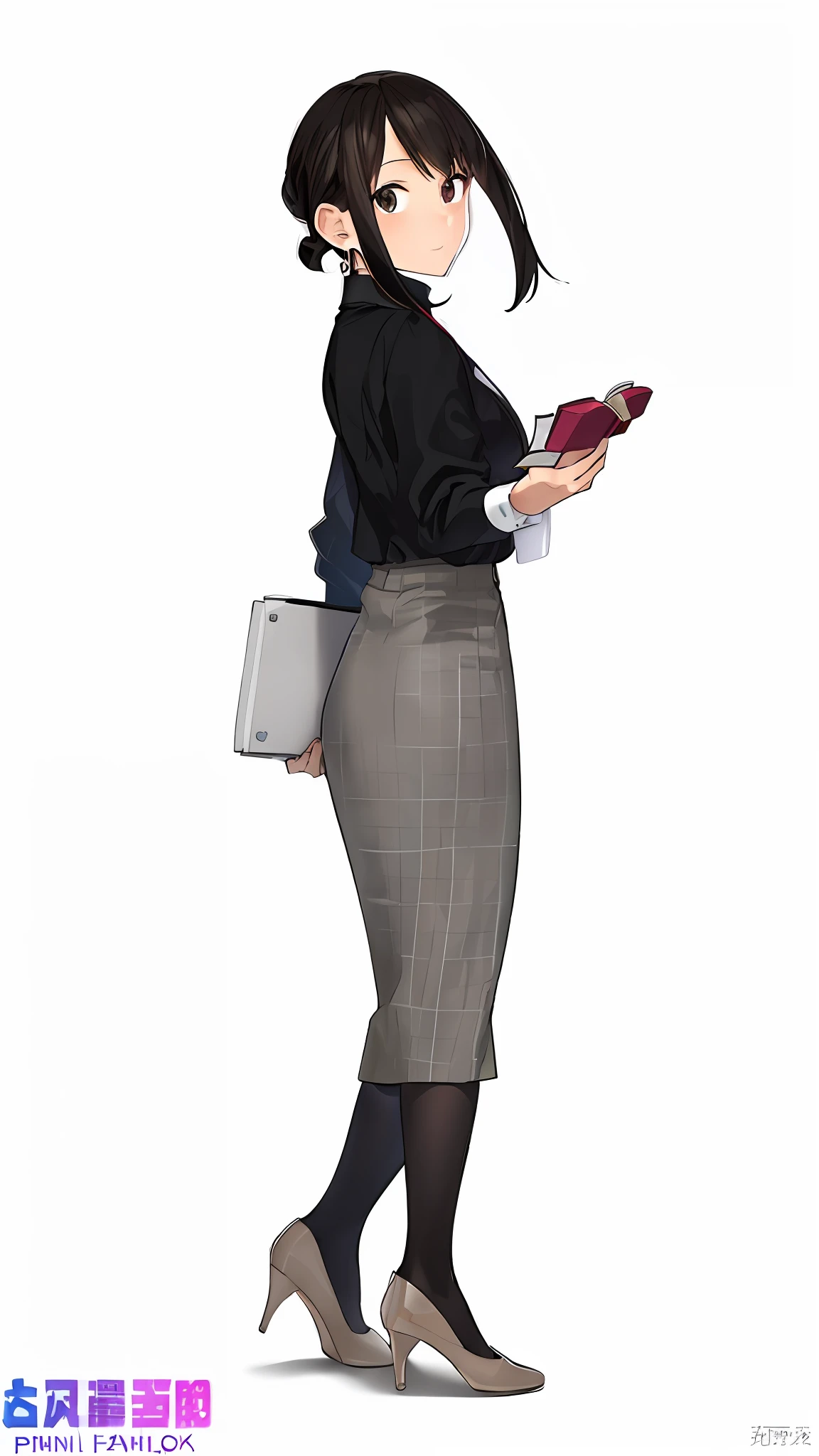 An anime character of a woman holding a bag and a book, character full body portrait, Full body illustration, full body character portrait, anime full body illustration, full body character portrait, full-body portraits, official character art, anya from spy x family, Full body portrait, !!Full body portrait!!, office clothes, Business woman, offcial art