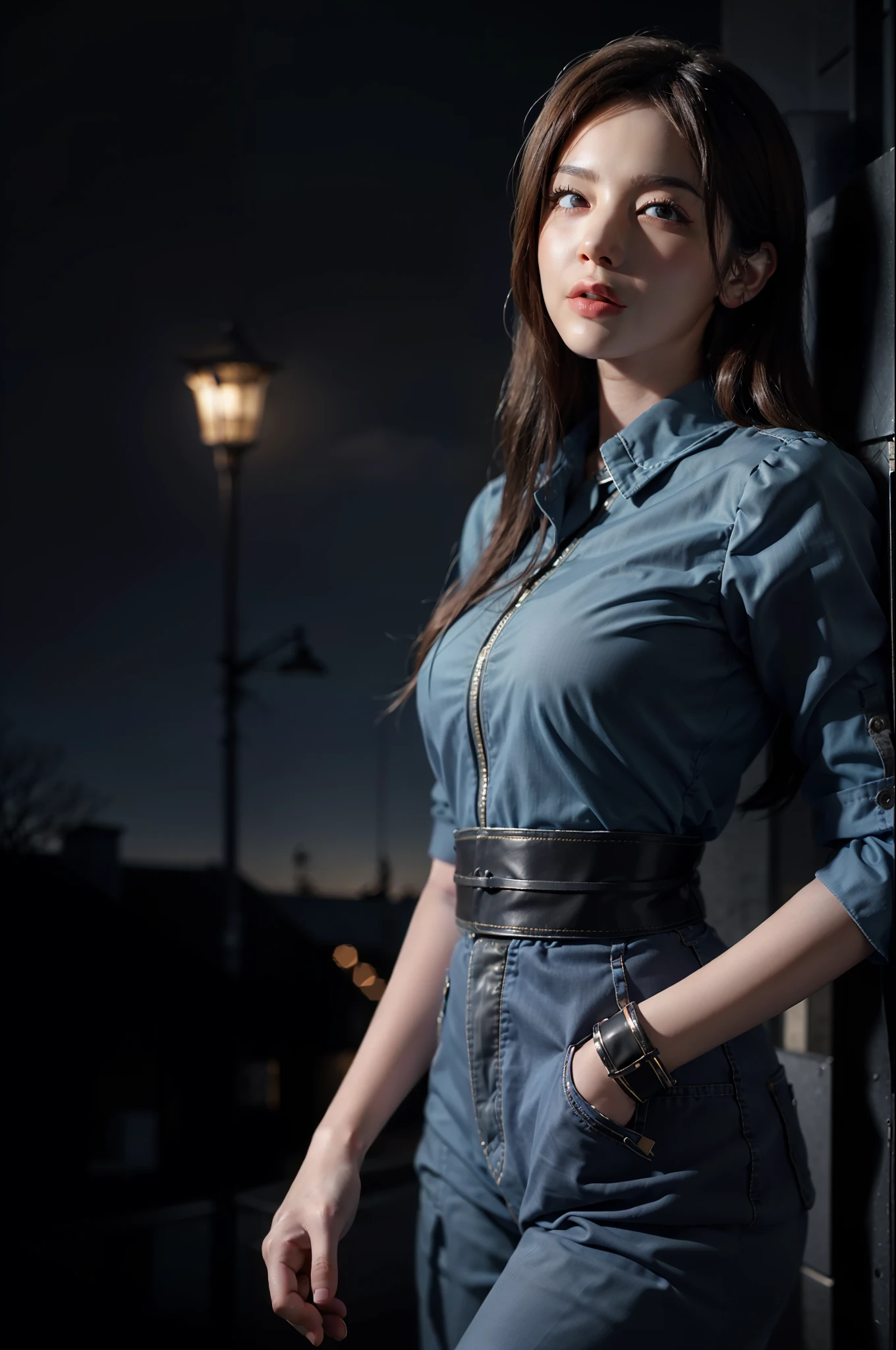 Realiy,photographrealistic,动态照明,poster for,Volumetriclighting,Very detailed faces,4 k,1girl,in the darkness nigth,deep shading,low tune,long whitr hair, blond hairbl,Stewardess
