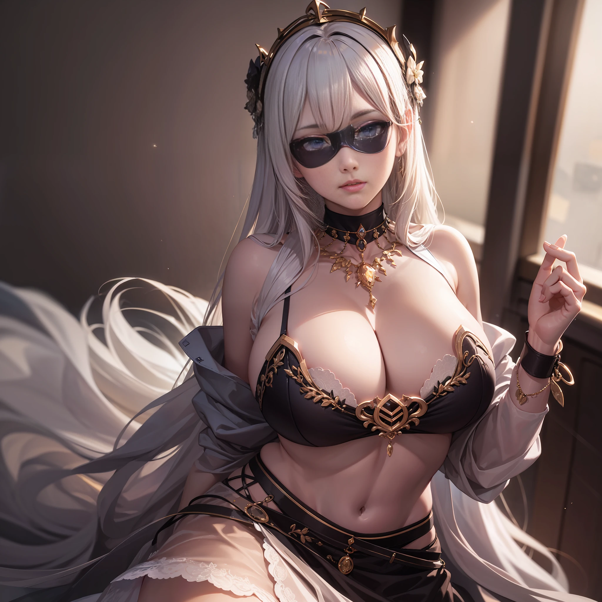 best qualtiy,tmasterpiece,A high resolution,1girl,Porcelain skirt,hair adornments,choker necklace,femele,huge tit,Half masked,jewely,beautiful face,Physically,dingdall effect,realisticlying,dark studio,edge lit,twotonelighting,(highdetailskin:1.2),8k uhd, dslr, softlighting, high high quality, volumettic light, sneak shot, photore, A high resolution, 4k, 8k, Background bokeh,