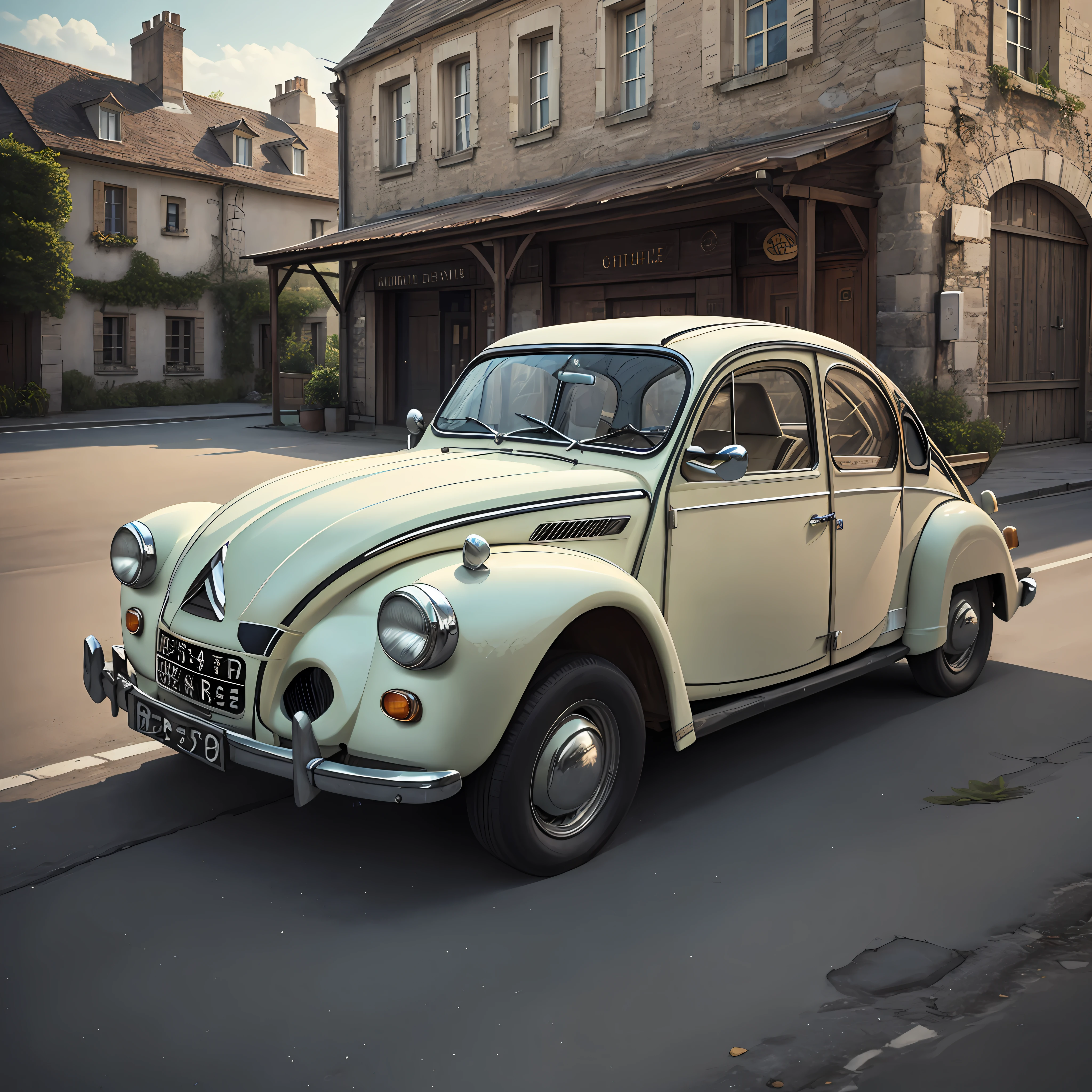 (exquisite and classic artwork),(best quality, ultra-detailed CG unity 8k wallpaper),a stunningly vintage and beautiful,floaty scene,1954 Citroën 2CV,classic car,classic french,well-maintained,shiny chrome,retro style,classic white with a black top,scenic countryside,peaceful environment.