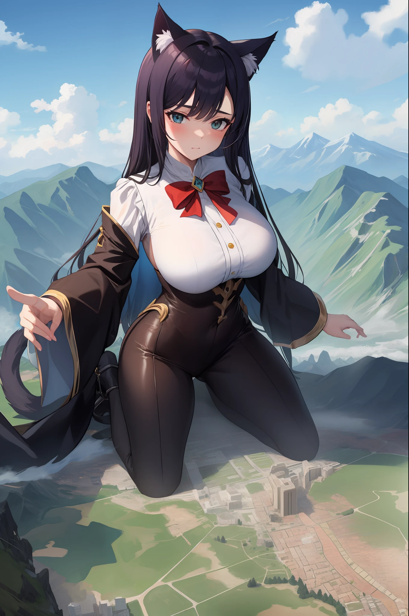 giantess，cat woman，Dita，Clouds， view over city， mountain ranges， （hoang lap，tmasterpiece，best qualityer，A high resolution），（Real picture，intricately details）