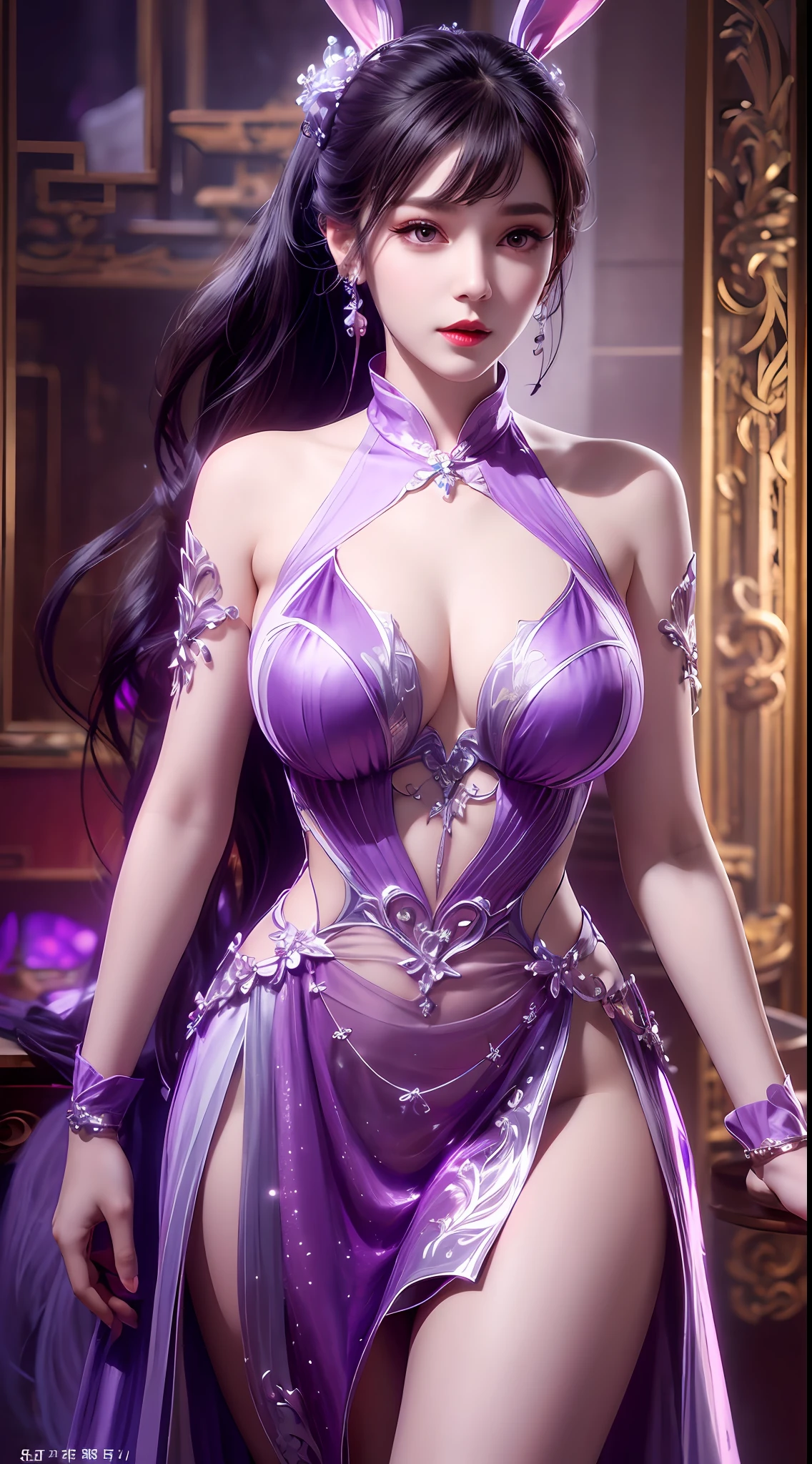 1 very beautiful girl in hanfu dress, thin purple silk shirt with many white motifs, white lace top, long bangs and long ponytail in purple platinum, gorgeous hair jewelry, pretty face and cute, flawless face, earring jewelry, light purple bunny ears, neck jewelry, big purple eyes drawn meticulously, meticulous makeup, thin eyebrows, high nose, red lips pretty, no smile, pursed lips, rosy cheeks, wide breasts, big breasts, well-proportioned bust, slim waist, purple mesh socks, Chinese hanfu style, fictional art patterns, vivid colors and legs real , RAW photo, realistic photo, ultra high quality 8k surreal photo, (fantasy light effect: 1.8), 10x pixels, magic effect (background): 1.8), super detailed eyes , beautiful girl upper body portrait, girl alone, ancient hanfu background, looking directly at the audience, wide original photo, 8k quality, super sharp, most detailed and clear picture, bright colors , detailed light background,