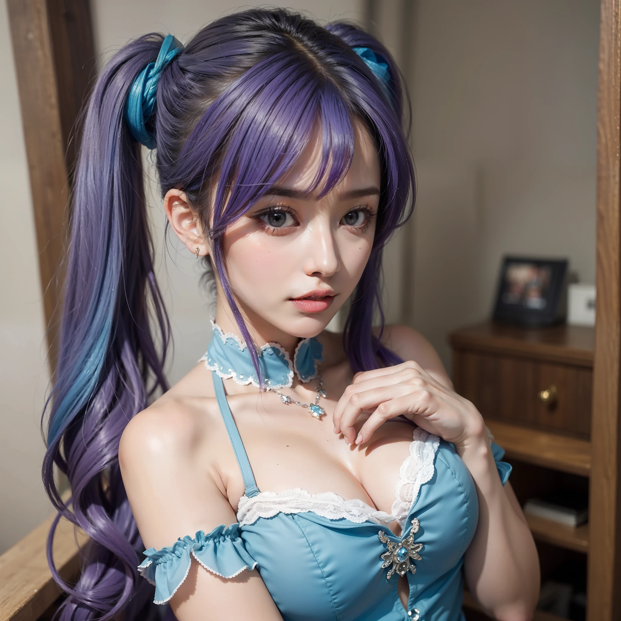 Colorful hair（Purple and blue gradient）、short twintails、Beautuful Women、beautidful eyes、Soft skin、Official art、​masterpiece、Extremely delicate modeling、top-quality、Photorealsitic、8k picture、hiquality、large full breasts、Princess、In face（Rounded face）、Refreshing dresses