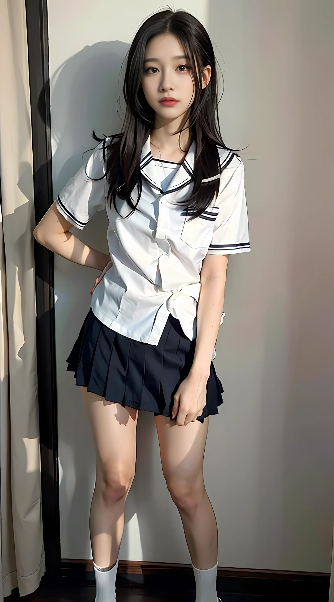 ((An ultra-high picture quality)),((Realistic texture)),((3D Realistic)),((real looking skin)),((18 year old beautiful girl)),((Semi-long with black hair)),((Large black eyes)),((Clear eyes and nose)),((The front is open and the skin is visible)),((Girls' High School Uniform Shirt)),((No Underwear)),((Skirt is twisted with both hands)),((Full body posture)),((Infirmary))