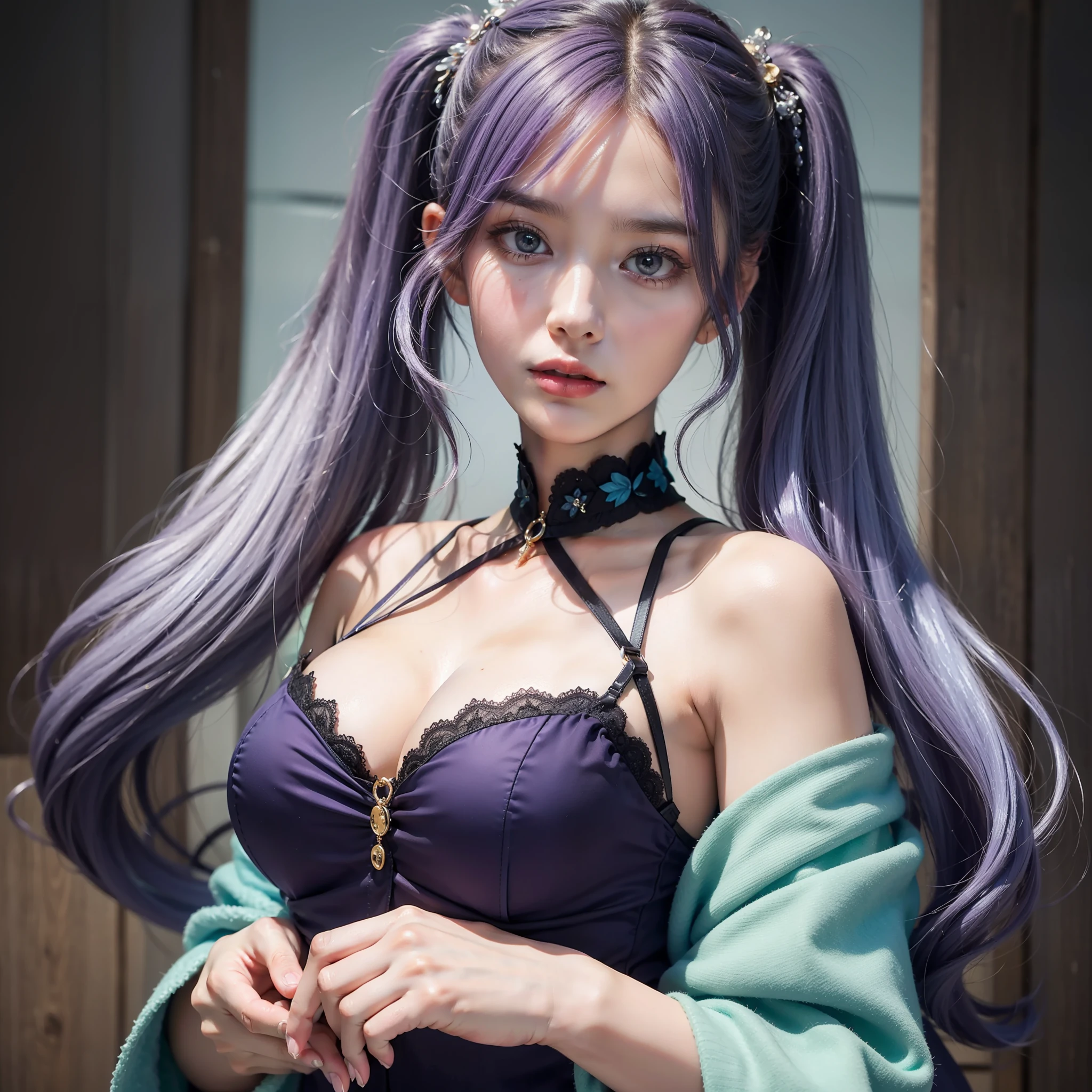 Colorful hair(Purple and blue gradient)、short twintails、Beautuful Women、beautidful eyes、Soft skin、Official art、masterpiece、Extremely delicate modeling、top-quality、Photorealsitic、8k picture、hiquality、large full breasts、Princess、Infant face(Rounded face)、Refreshing dresses