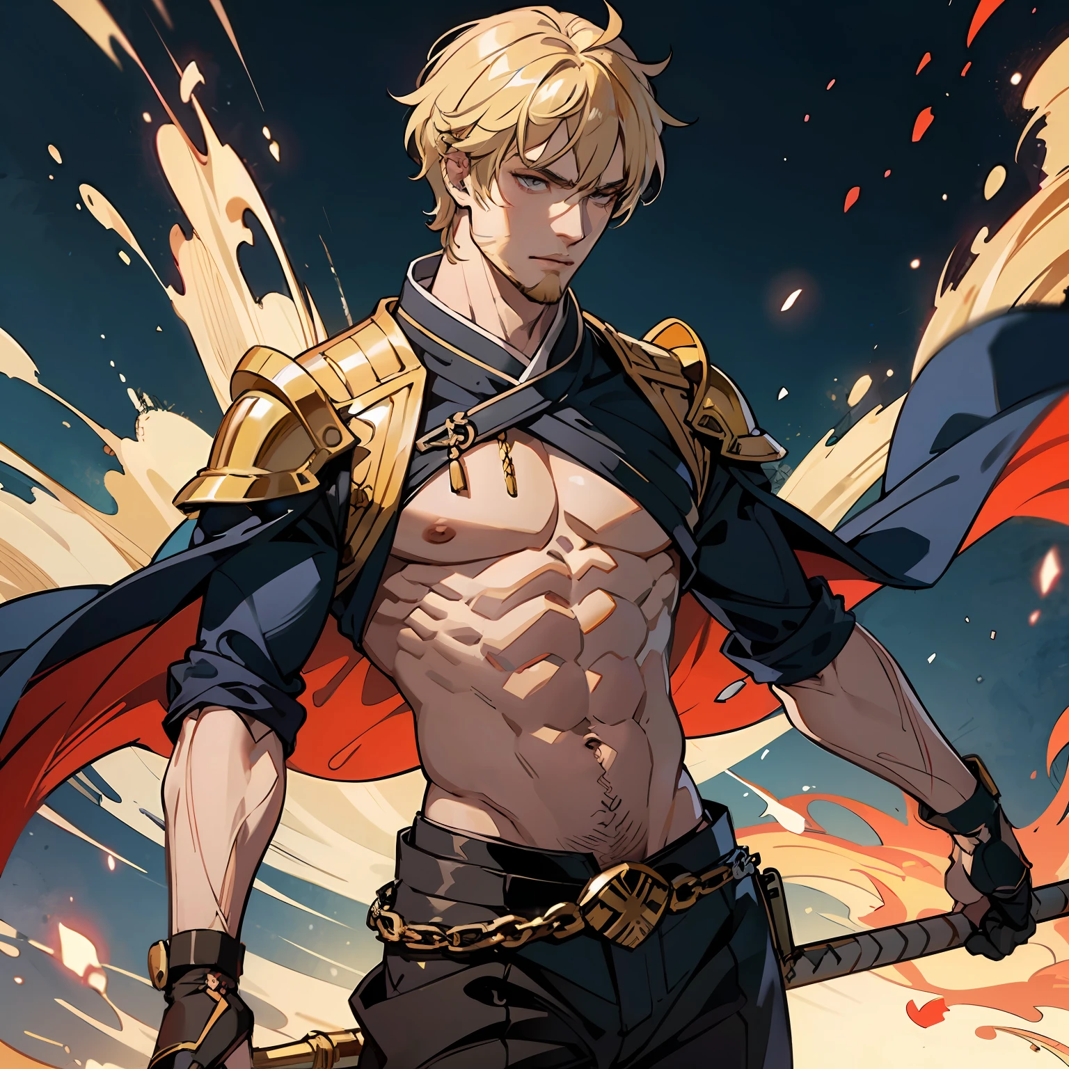 Solo, musculature, golden hair, （The erection：1.4）, （Large sheath：1.5）, bodily fluids, （spatter, Overflow of, （（body））, Close-up styling of muscle warrior, Combines the characteristics of male anime characters and the brave image of Gilgamesh, ember, Have a beard, blonde hair, tachi-e, tachi-e, projected inset, Masterpiece, ccurate, Textured skin, masterpiece, ccurate --auto