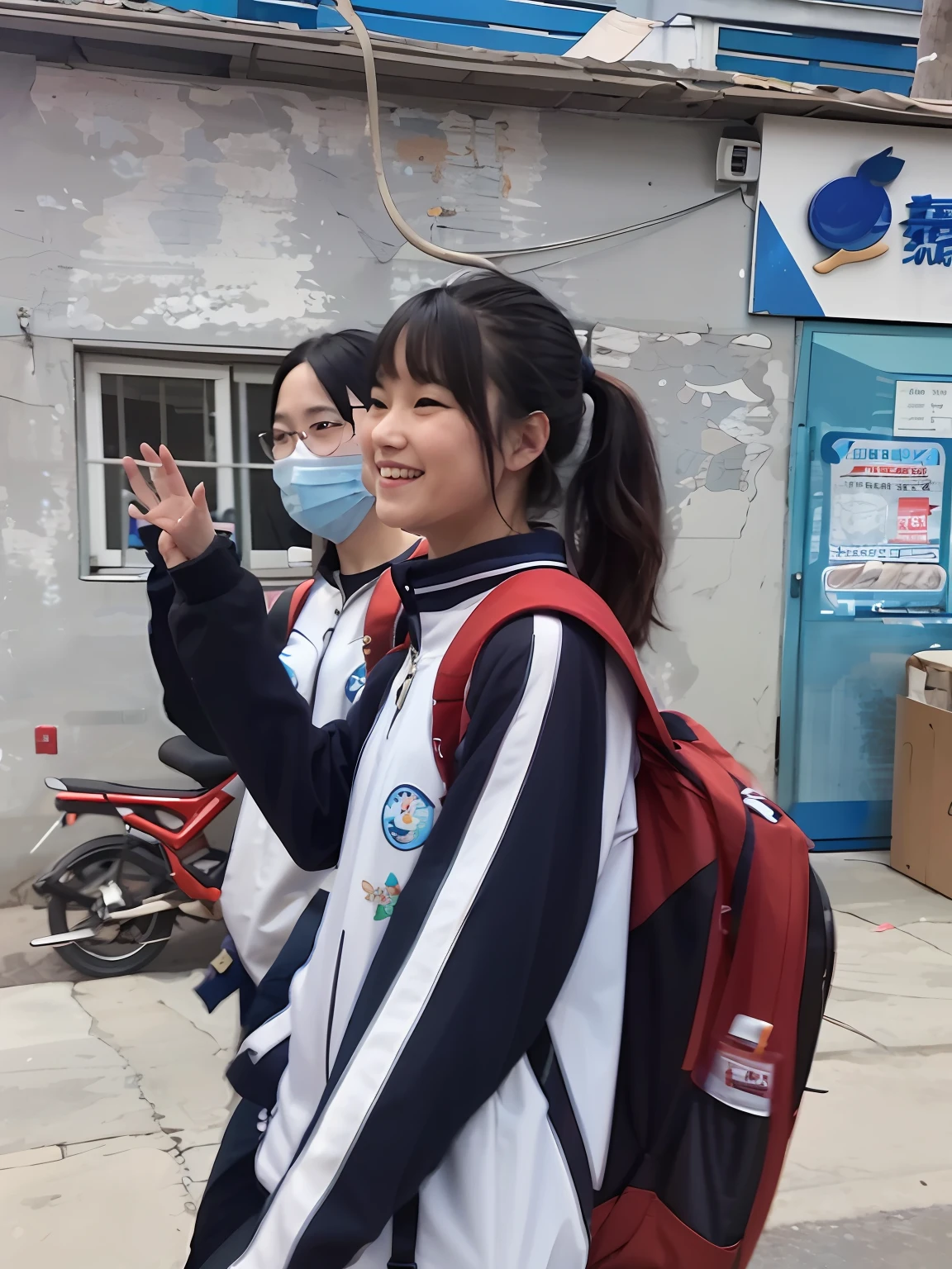 Two girls wearing masks were walking down the street, xintong chen, waving and smiling, xision wu, wenfei ye, Ruan Jia and Fenghua Zhong, Li Zixin, jinyiwei, 8K)), Chinese girl, and she smiling,Very excited, and she smiling,Very happy, very very low quality picture, wearing track and field suit