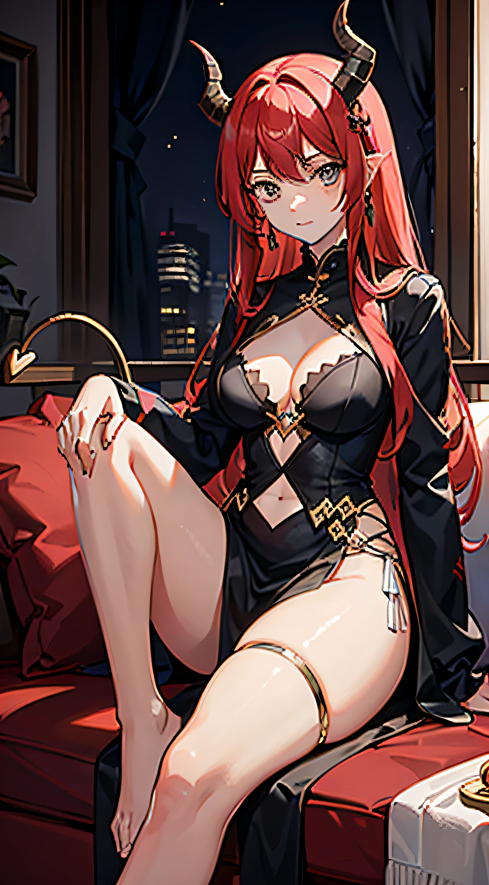 primitive，tmasterpiece，ultra fine photos，best qualtiy，超高分辨率，A woman dressed in silver-white light armor held a flaming sword，Silver-white light armor，long sword，Wearing noble jewelry，noble，Those cold black eyes seemed to go straight to the heart，The essence of the Lord of the Nine Layers of Hell was infused into her bloodline，The demon bloodline left a clear mark on the appearance，Spiral antelope horn，Beautiful red hair hanging down dark color，Black and blue heteropupils，Mature teenage girl，whole body picture，one-girl，Sitting on the couch in the tavern