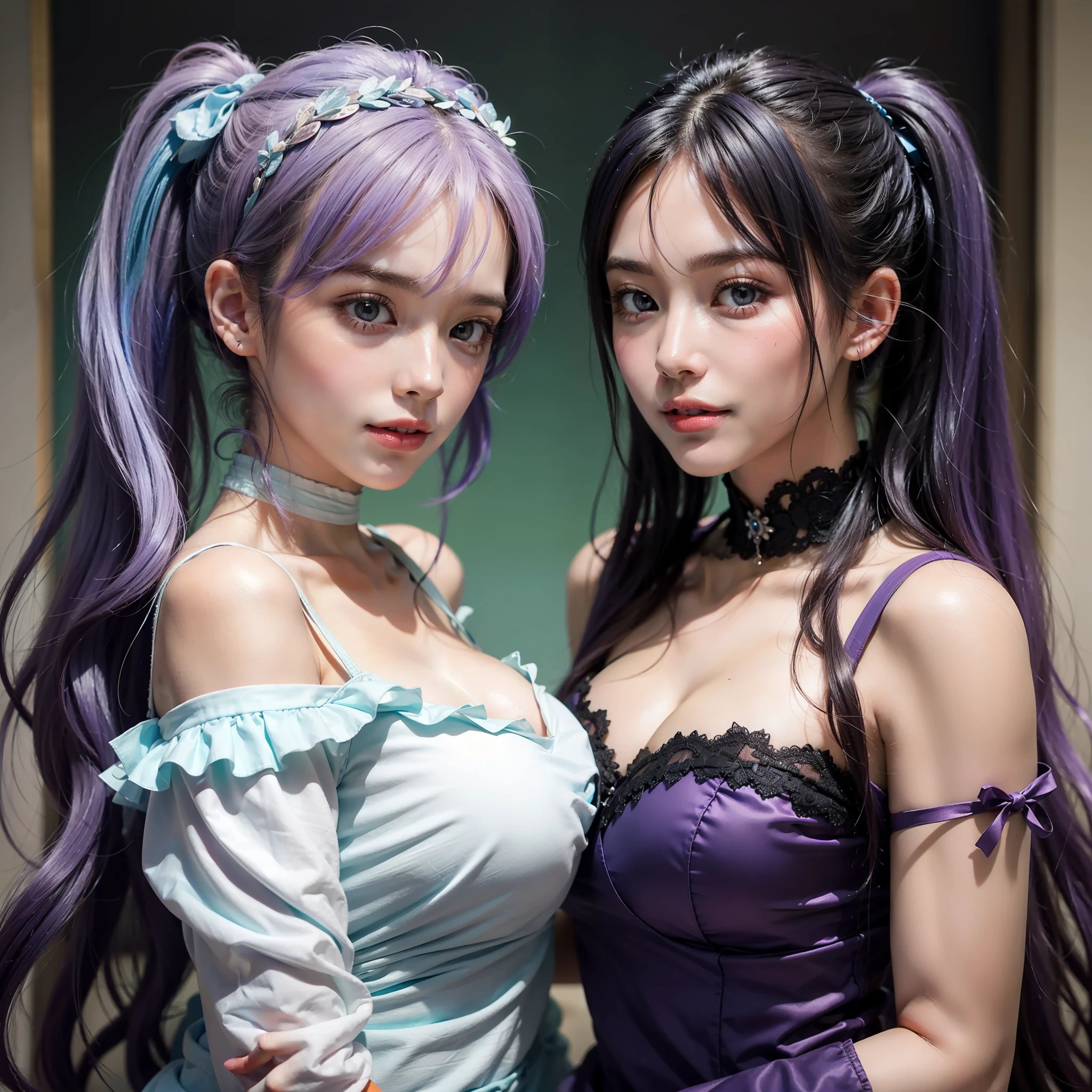 Colorful hair（Purple and blue gradient）、short twintails、Beautuful Women、beautidful eyes、A refreshing smile、Soft skin、Official art、​masterpiece、Extremely delicate modeling、top-quality、Photorealsitic、8k picture、hiquality、large full breasts、Princess、Infant face（Rounded face）、Refreshing dresses