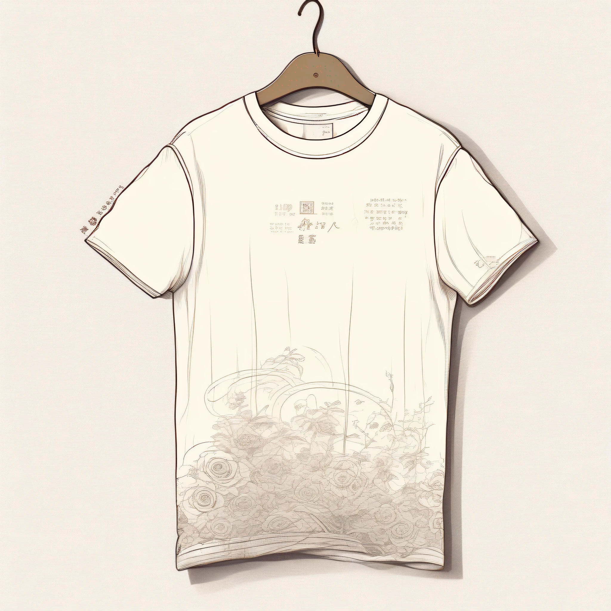 The T-shirt has a shabby texture、Faded color and intricate line art on pure white background。