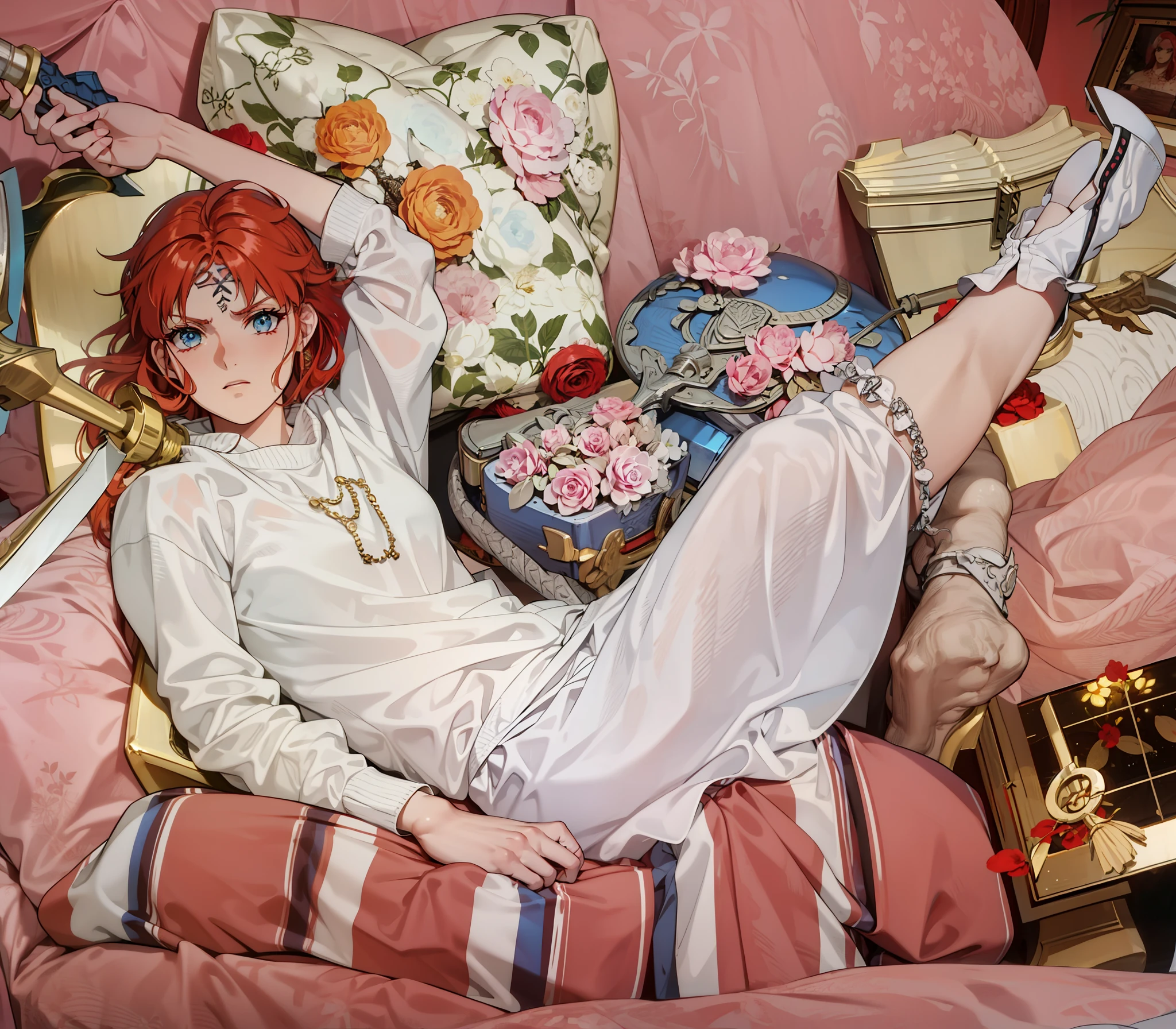Boadicea, red-haired Viking warrior with Nordic armor and rune tattoos on her body and blooming blue eyes holding an axe, 4k