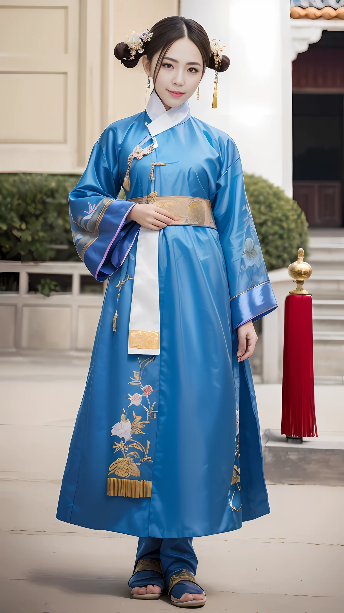 (The Palace Museum:1.2), full body shot:1.4, bokeh:1.2, (small_head:1.1), from front, model pose, outdoors, beijing imperial palace, traditional Chinese architecture,
1 girl,fit, elegant,traditional Chinese blue clothes, golden embroidery, qingchao, (qingchao_dress, qingchao_haircut:1.3), long hair, smiling,
(8k, RAW photo, best quality, masterpiece:1.2), (realistic, photo-realistic:1.37), ultra high res, photon mapping, radiosity, physically-based rendering, professional lighting, light on face, HDR,