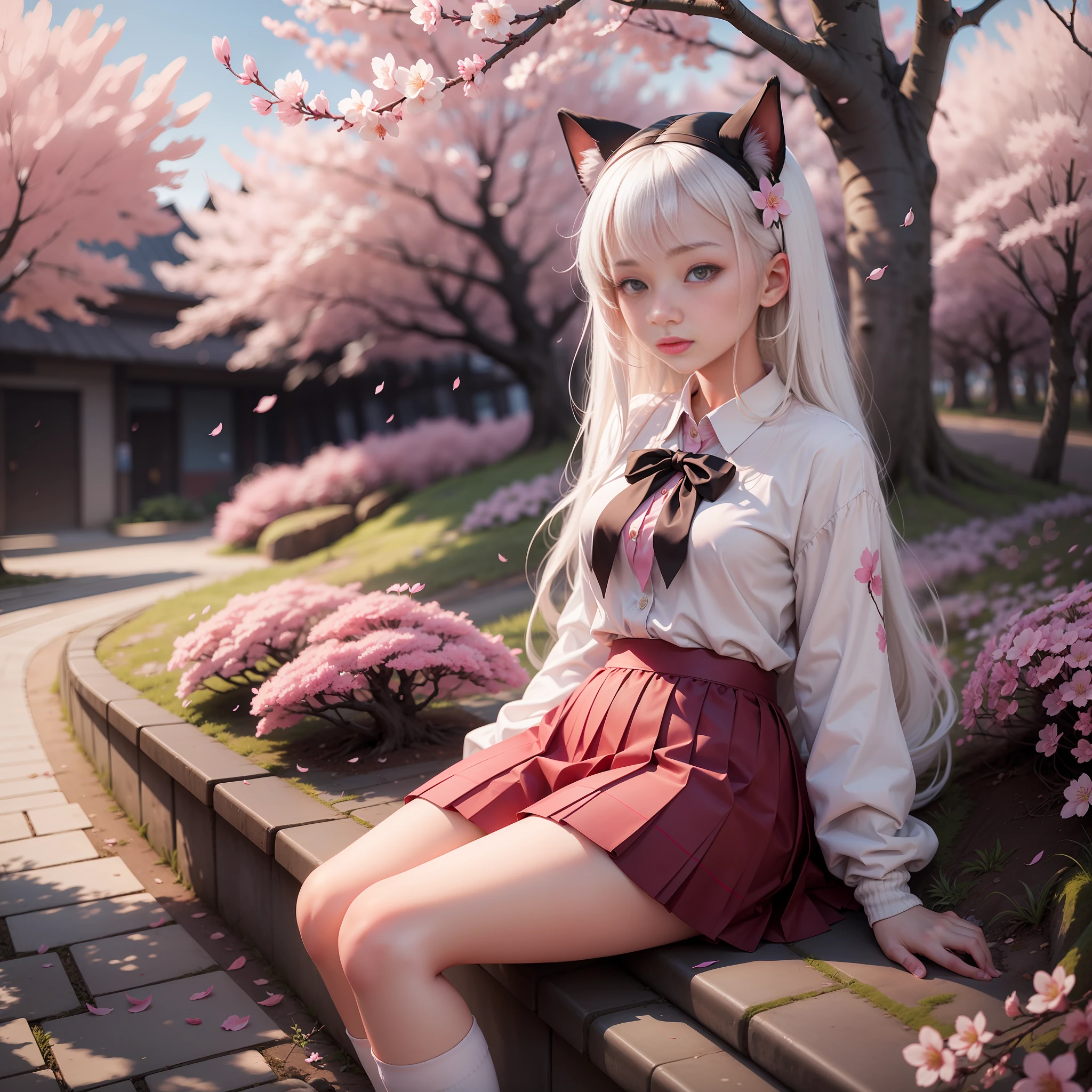 Girl with long white hair,White knee-length socks,Pink pleated skirt,The shirt,校服,Cherry blossom trees in the background,one-girl,Lying next to the cherry blossom tree,Two-dimensional painting style,Ultra high quality,Ray traching
