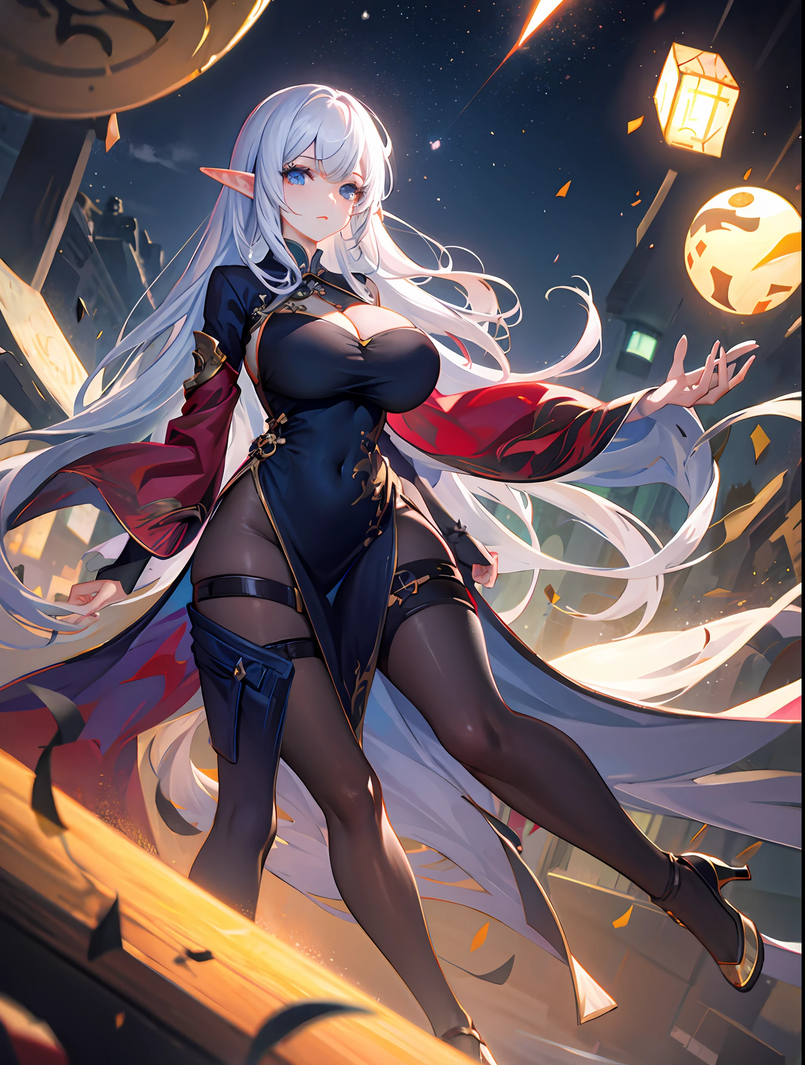 long leges,Full body like,long azure hair,Dark blue eyes,无袖,huge tit,White cheongsam,Beth,unlimited,Deep blue sky,The abyss of knowledge,knowledge,((tmasterpiece)),(((Need))),((美丽细致的眼睛)),(eyeslashes),(1female),Abyss Eye,Shiny skin,Rags,the elf,Ultra-fine CG unity 8k wallpaper,tmasterpiece,((ultra - detailed)),((illustration)),Dazzle,Wallpapers,energy,Unknown horror,Arcane,Magic perimeter,Magic surrounds,Magic wand,Pages