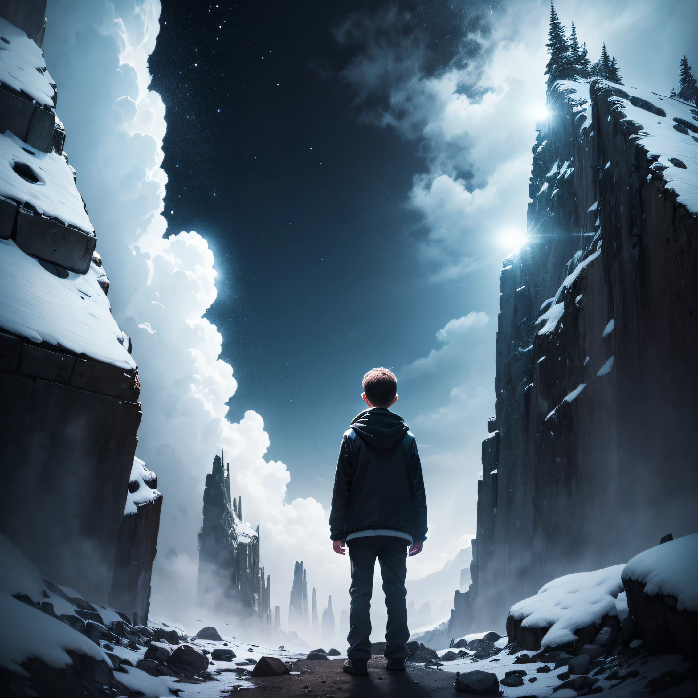 The boy stood alone in the dark looking up at the top of the mountain --auto