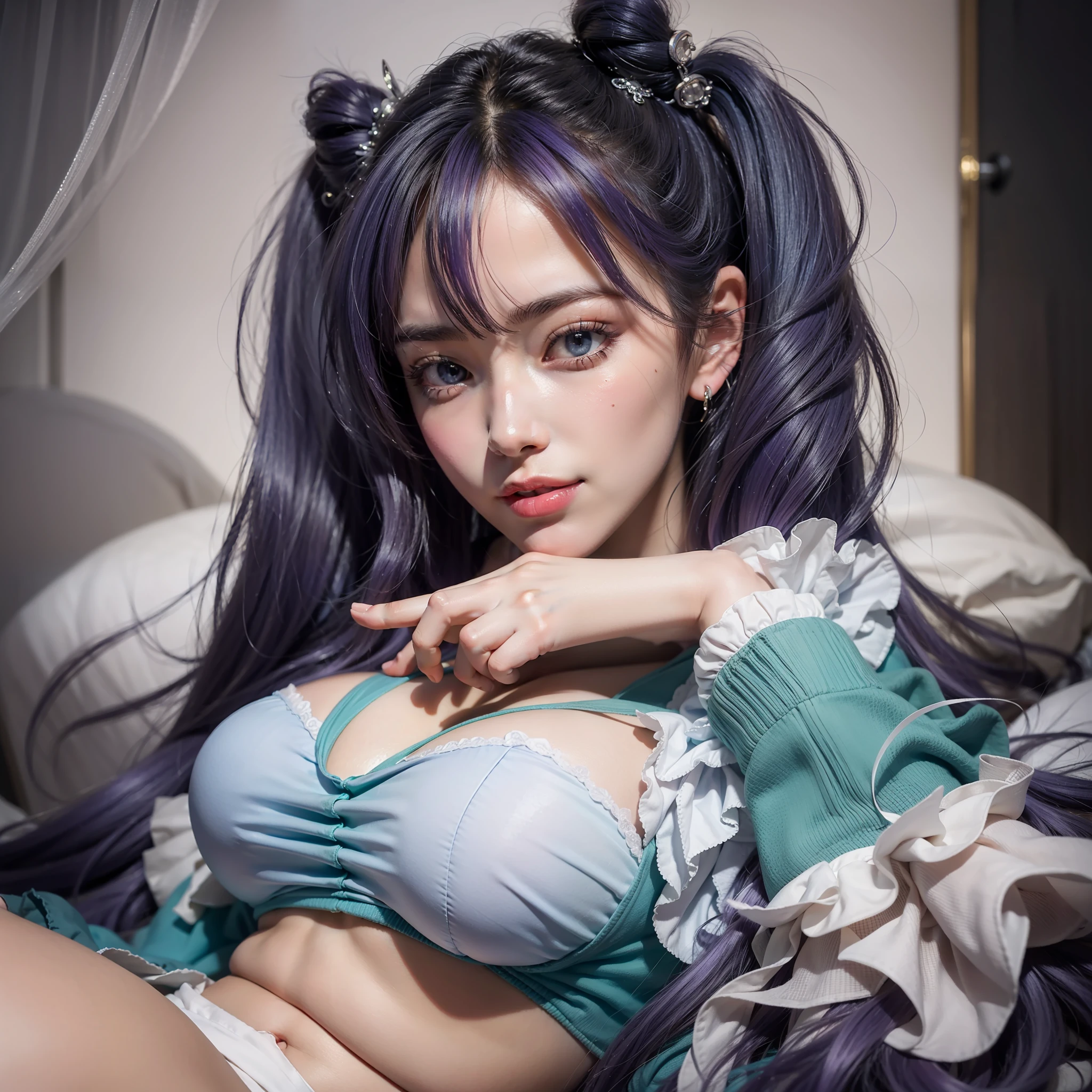 Colorful hair（Purple and blue gradient）、short twintails、Beautuful Women、beautidful eyes、A refreshing smile、Soft skin、Official art、​masterpiece、Extremely delicate modeling、top-quality、Photorealsitic、8k picture、hiquality、large full breasts、Princess、In face（Rounded face）、Refreshing dresses