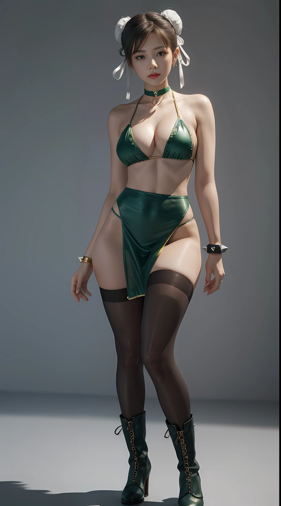 ((White light and shadow background:1.8)),((studio lit:1.8))(the Extremely Detailed CG Unity 8K Wallpapers,tmasterpiece,best qualtiy,ultra - detailed,best illuminate,best shadow,dynamic angle,dynamicposes),(untidy),(Playful)1 GIRL、Chun- li、boots、bangle、with brown eye、Green hair、Bun cover、Green porcelain transparent bikini。Crossover laces, double bun hair, shift dresses, hair-bun, jewely, obi strip, short detailed hair, 独奏, Spiked bracelet, finger nails, putting makeup on, a 1 woman, 25 age old, 熟妇, Beautiful Finger, Beautiful legs, beautiful figure, Nose beautification, Beautiful character design, perfect eyes, s the perfect face, jewely), ssee-through, Long legs,Tall guy,looking at viewert, hair adornments, choker necklace, is shy, showy, (Bigchest: 1.2), Thick thigh 1.6)), ((Green pelvic curtain: 1.6)) The upper part of the body,Floating skirt, Correct anatomy, detailed clothing texture,lacepantyhose, 3D, from below