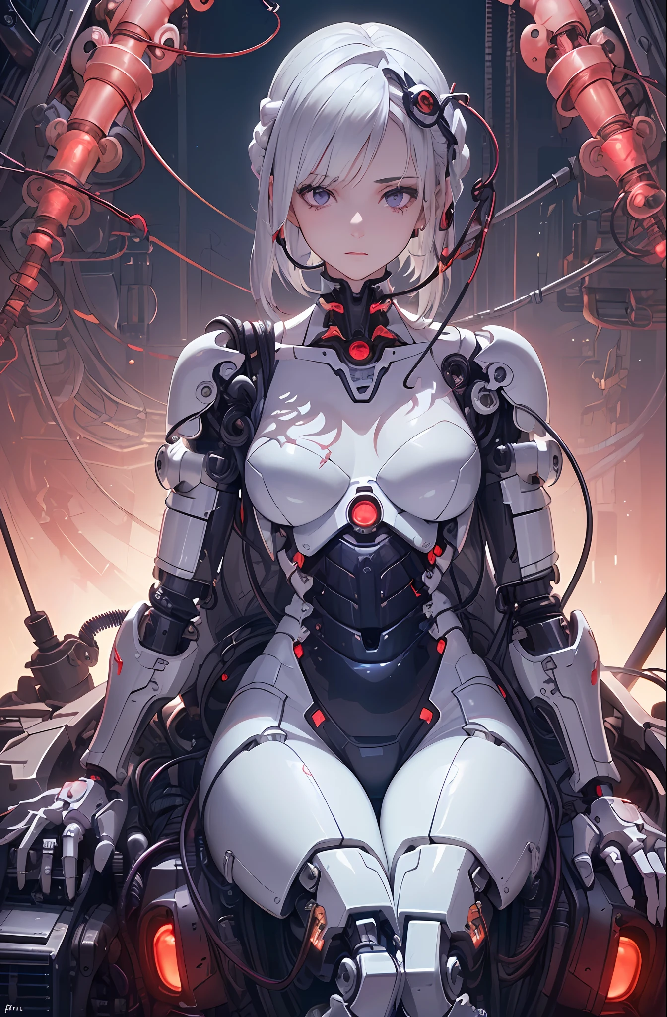 (((Masterpiece)))), (((highest quality)))), ((Ultra Definition)), (Very Detailed Photoreality), (((Very Delicate and Beautiful)), (Delicate and Pretty Face), Cinematic Light, (((1 Machine Girl)), Solo, Full Body, Big, Cleavage Is Visible Skin, White Hair, Purple Eyes, Luminous Eyes, (Mechanical Joint: 1.4), (Mechanical limbs)), (Blood vessels connected to tubes), (( Mechanical vertebrae attached to the back)), ((Cervical vertebrae of the machine) attached to the neck)), (((sitting)), expressionless, (wires and cables attached to the head and body: 1.5), (character focus), small LED lamps on the body, Evangelion, SF, metallic body, detailed neon