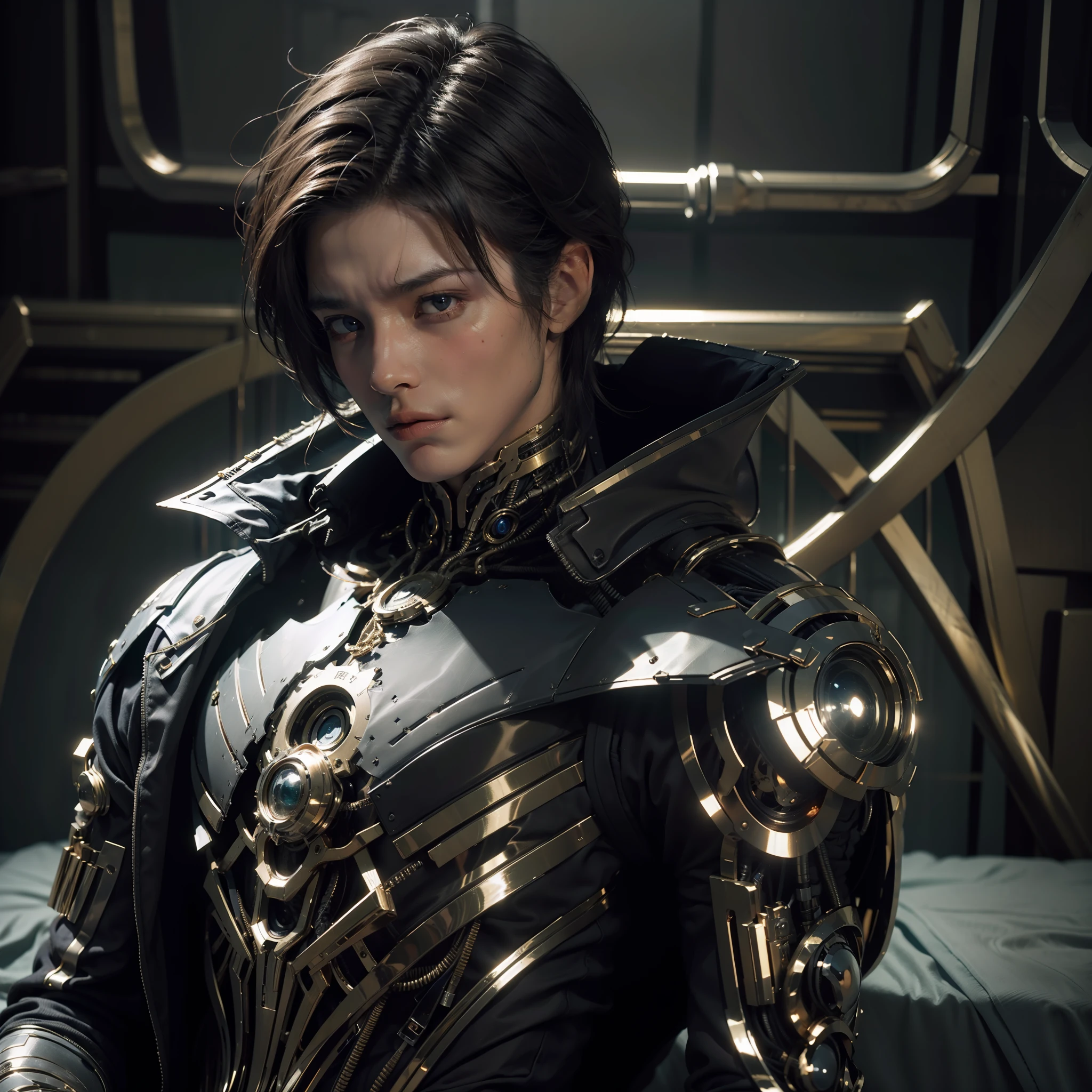 tmasterpiece,best qualtiy,(highly detailed),(absurderes),1 handsome gentleman,dramatic lights,cyborg people。whaite hair,blueneyes,cool guy,Grim expression,blood stain,bandagens,Stubborn