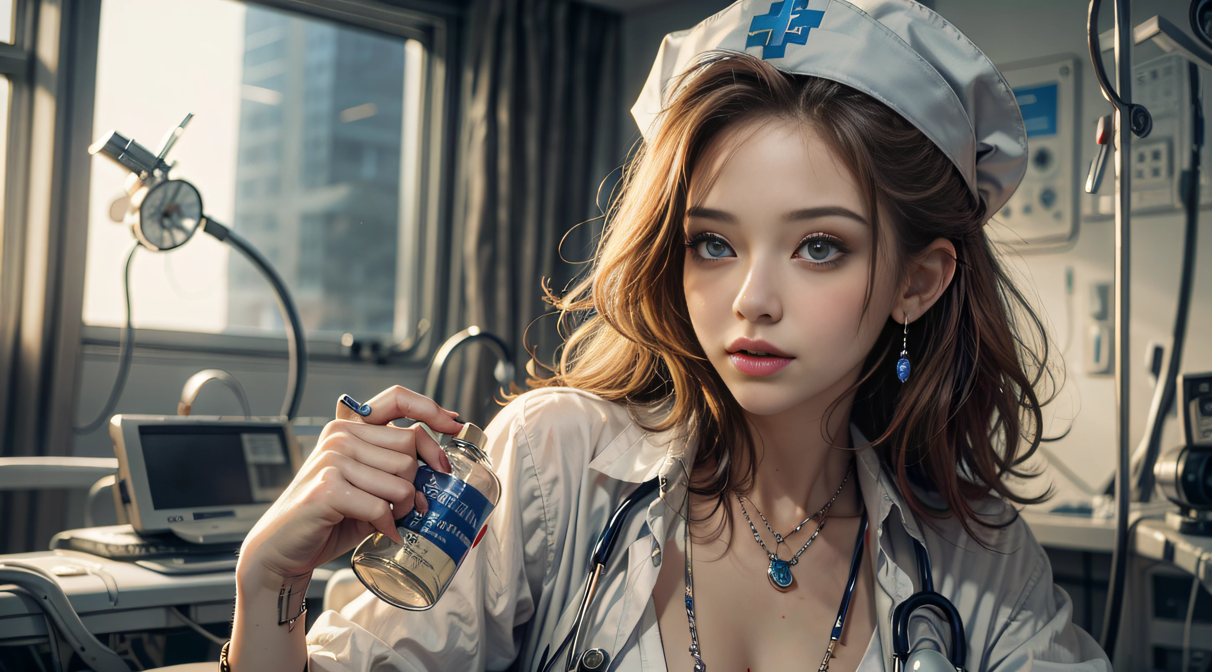 1girl, waist up, huge boobs, dragon necklace, lickling lips, (hospital emergency room background:1.3), (art by Arthur Sarnoff:0.8), concept art, knee level shot of a Enchanting South African sarah roemer, wearing nurse hat, Ultra Detailed, 50mm, official art, unity 8k wallpaper, ultra detailed, aesthetic, masterpiece, best quality, photorealistic,(((sfw)))