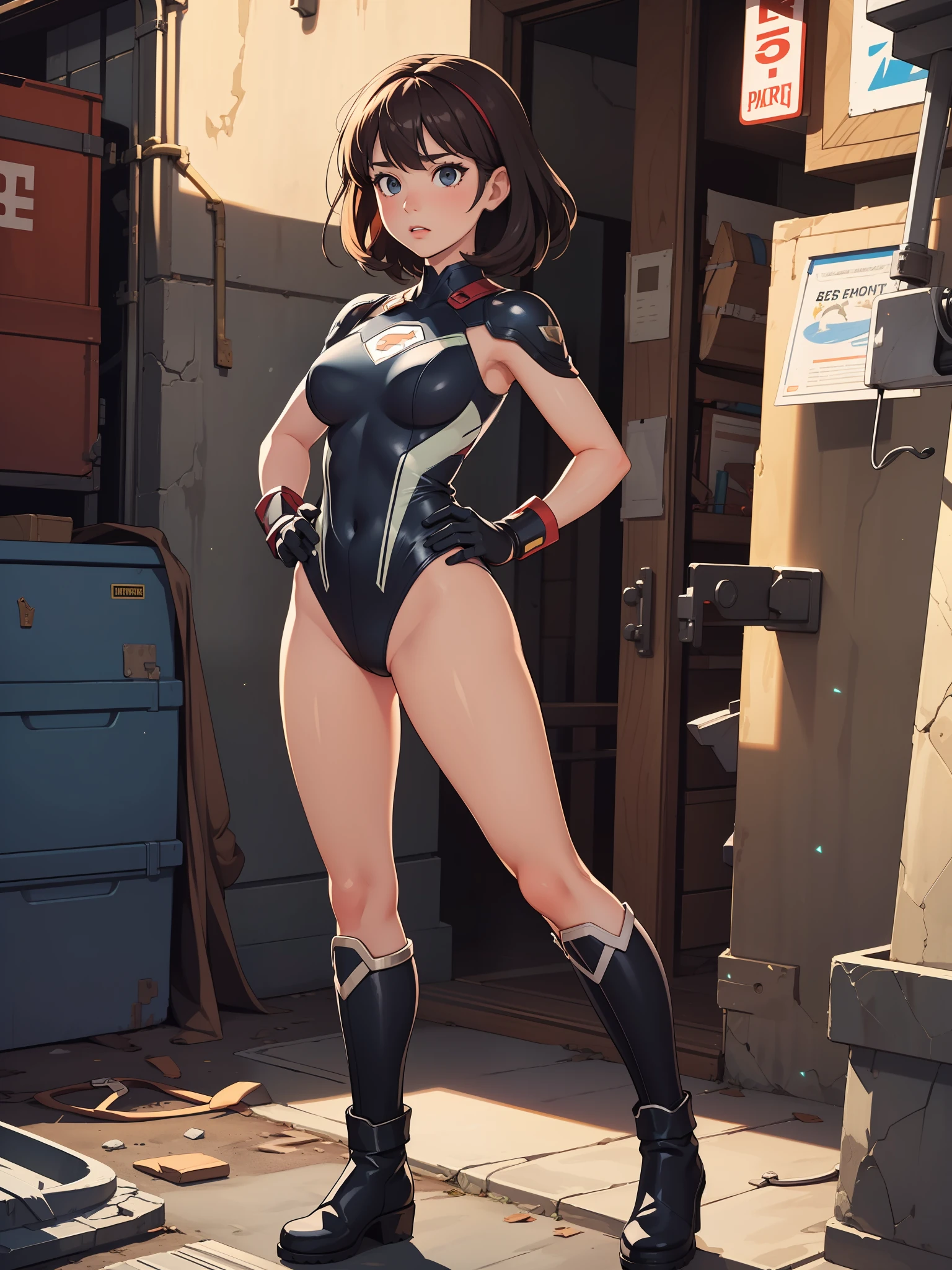(masterpiece), best quality, highly detailed, detailed background, cinematic lighting, outdoor, 1girl, medium hair, ??????????????, leotard, ???? legs, match boots, gloves, hands on hip, light particles, glow, superhero