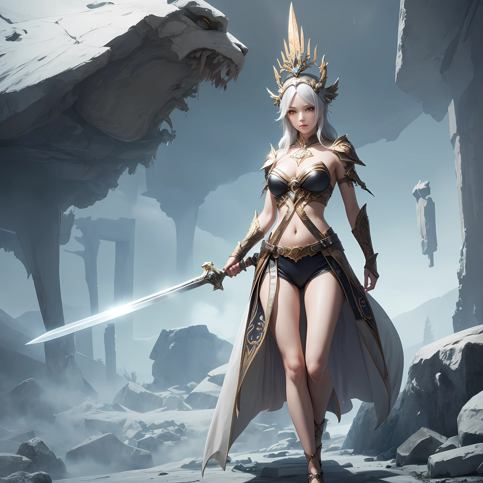 unreal-engine，super high image quality，High detail depiction，Cold Goddess，Through the long sword，Long legs，Dynamic perspective。 --auto