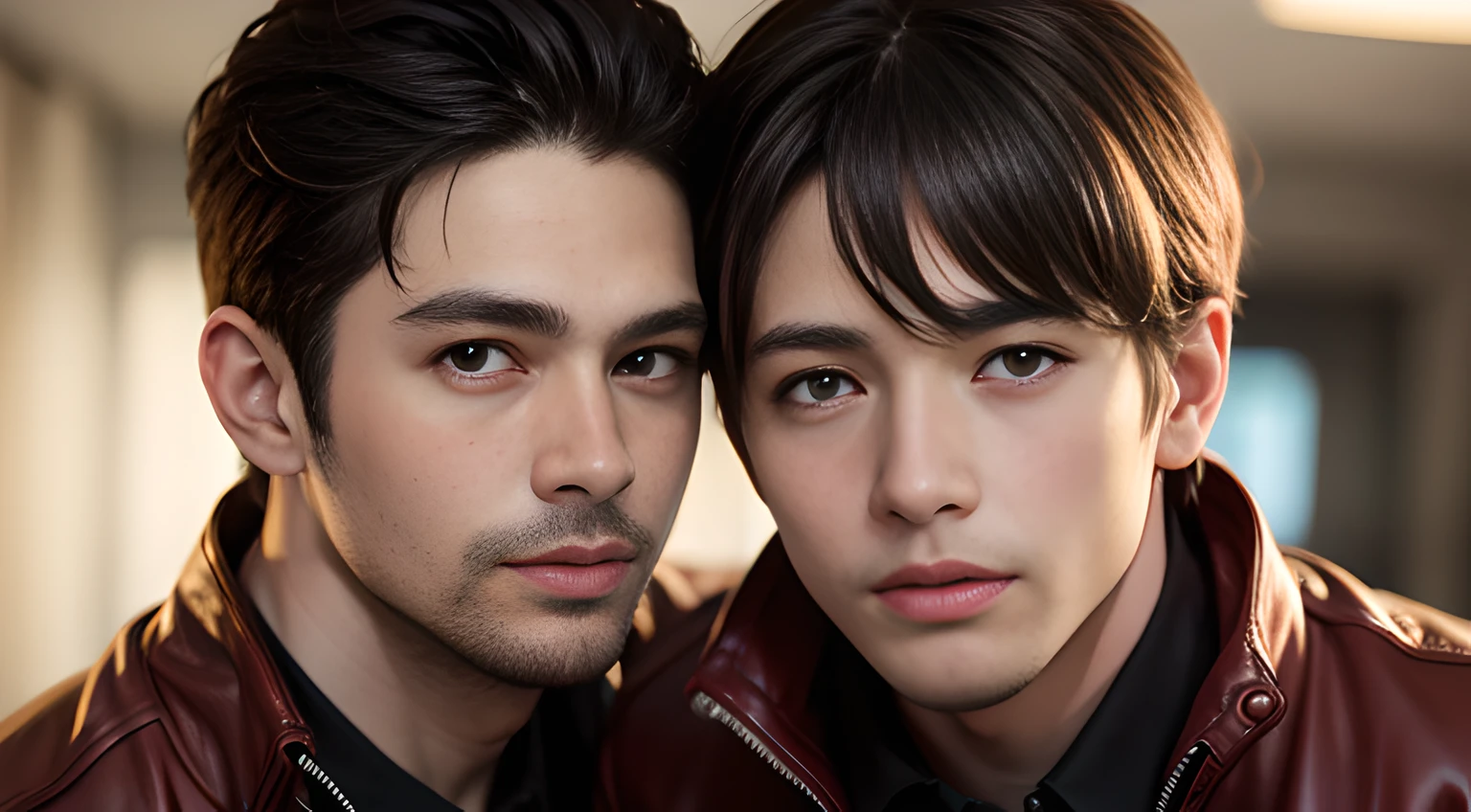 (both of them are men), (head shot), (only face), (Two male gay handsome muscular men in his 30s wearing red leather jackets), They resemble Chris Redfield from Resident Evil, red hair, Mischievous smile, (detaile: 1 in 1), Natural muscles, HIG quality, beautidful eyes, (Detailed face and eyes), (Face、: 1 / 2), Noise, Real Photographics、... ...........................................PSD, Sharp Focus, High resolution 8K, realisitic & Professional Photography, 8K UHD, Soft lighting, High quality, Film grain, FujifilmXT3