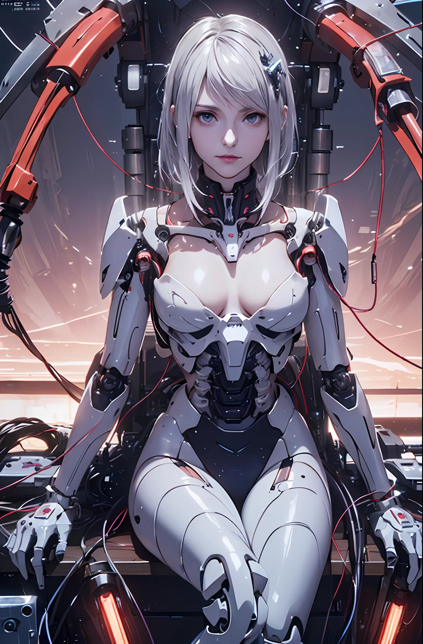 (((Masterpiece)))), (((highest quality)))), ((Ultra Definition)), (Very Detailed Photoreality), (((Very Delicate and Beautiful)), (Delicate and Pretty Face), Cinematic Light, (((1 Machine Girl)), Solo, Full Body, Big, Cleavage Is Visible Skin, White Hair, Purple Eyes, Luminous Eyes, (Mechanical Joint: 1.4), (Mechanical limbs)), (Blood vessels connected to tubes), (( Mechanical vertebrae attached to the back)), ((Cervical vertebrae of the machine) attached to the neck)), (((sitting)), expressionless, (wires and cables attached to the head and body: 1.5), (character focus), small LED lamps on the body, Evangelion, SF, metallic body, detailed neon