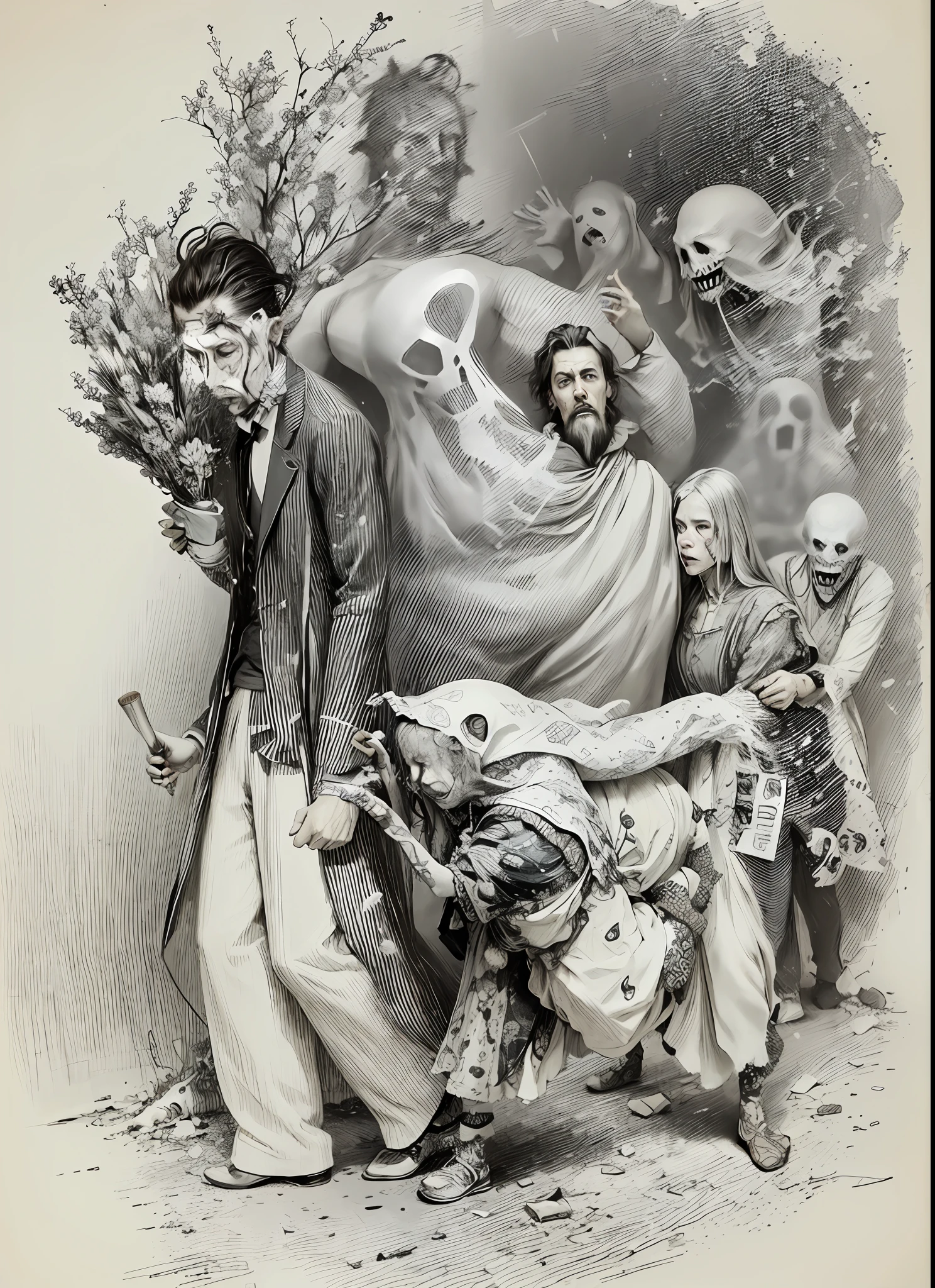 Photo of a thin man tightly surrounded by various ghosts,