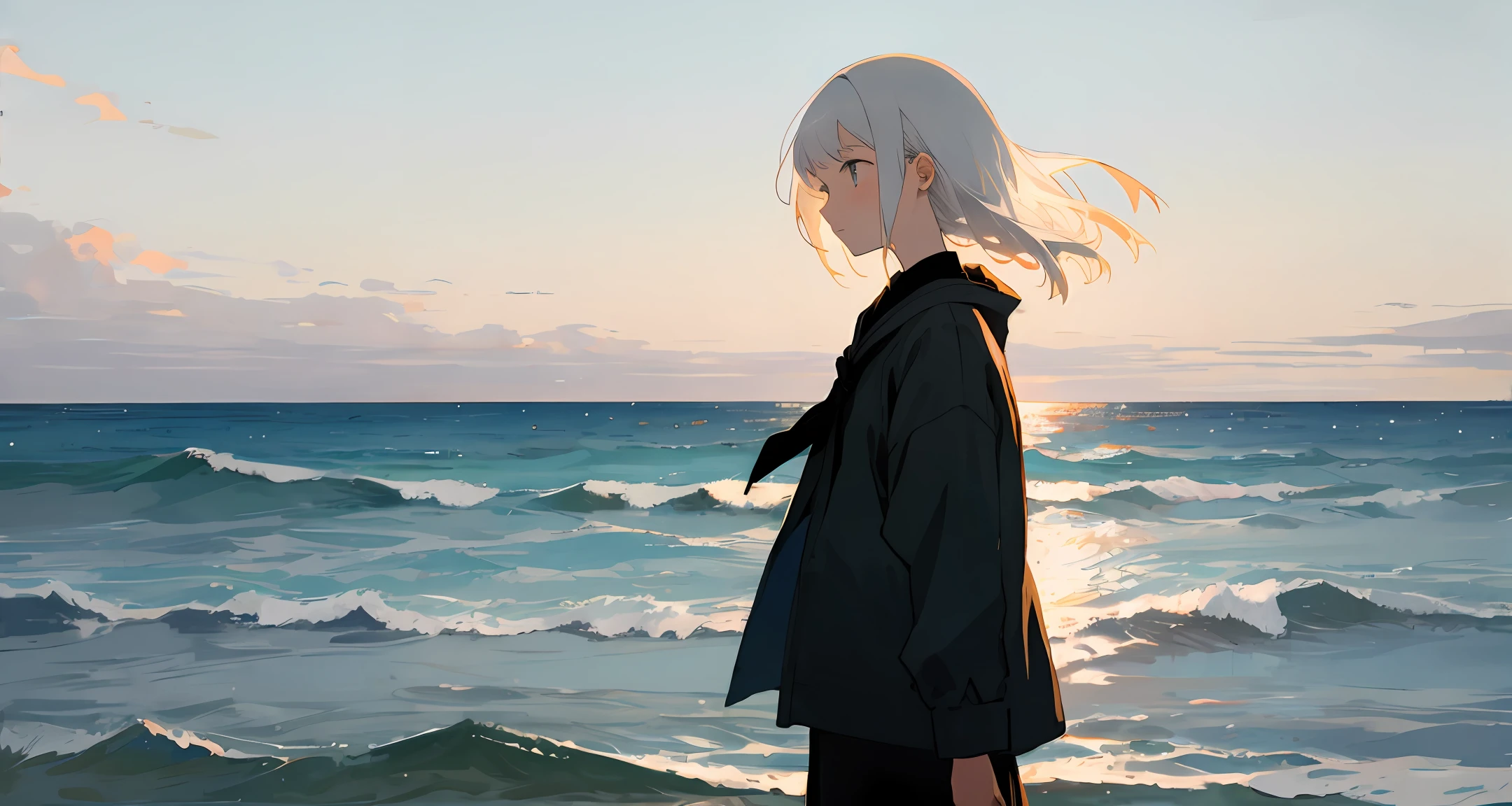White-haired girl facing the sea