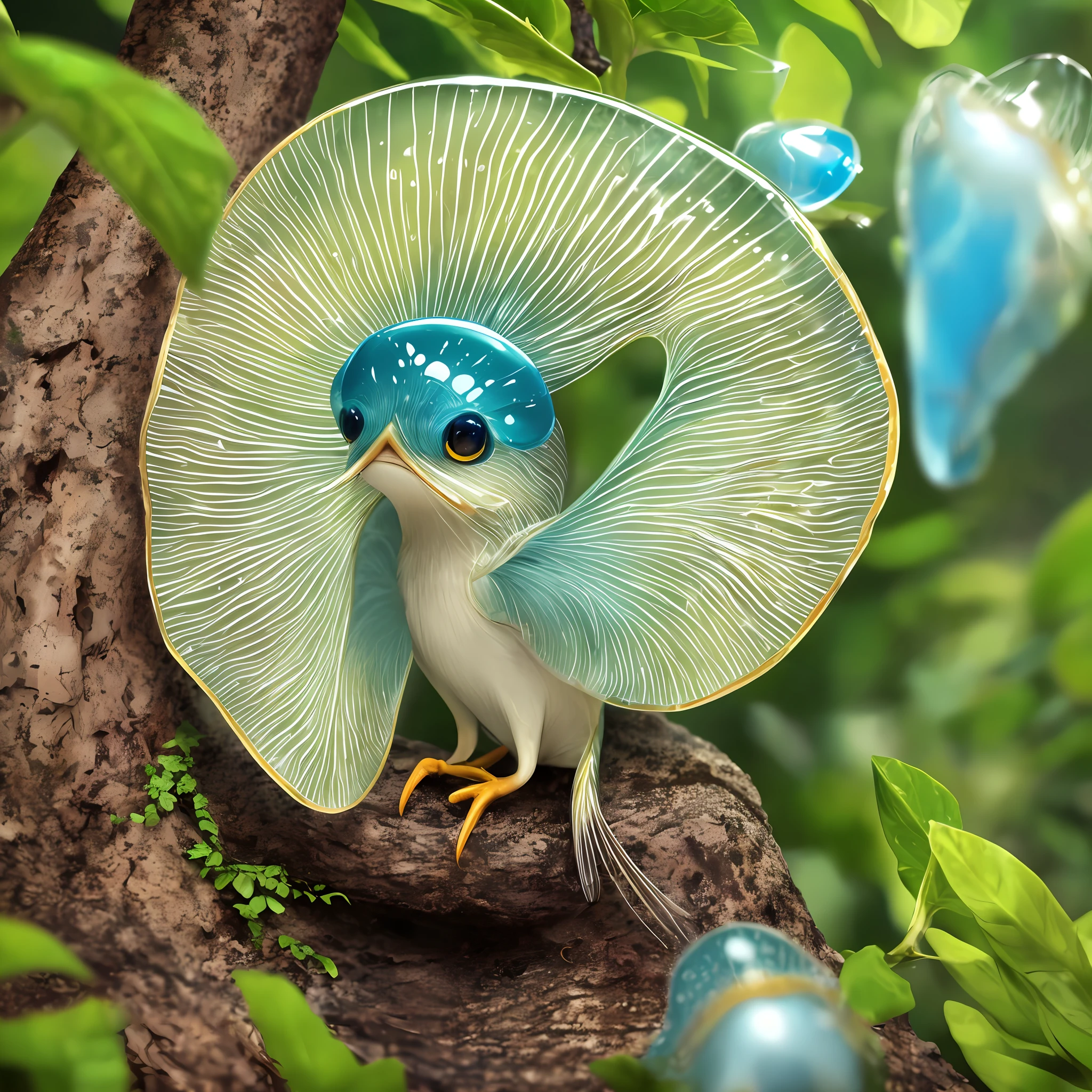 Leathery slippery creature with four wings. Wings transparent, four eyes, long narrow muzzle, with a long thin tongue. Slim, transparent body, jellyfish body, green-blue, (he sits on a branch in the jungle and watches from hiding),hiding in the leaves in a lush forest,(highly detailed:1.2),(best quality:1.2),8k,sharp focus,(subsurface scattering:1.1),(award-winning macro photography:1.1)
(cute:1.2),Leathery slippery creature with four wings.
(very detailed clothes:1.2), (highly detailed background:1.3), chibi, (hyperrealistic:1.2), cinematic lighting, highly detailed,smooth, sharp focus,[(emb-rrf2:1.0):.15]