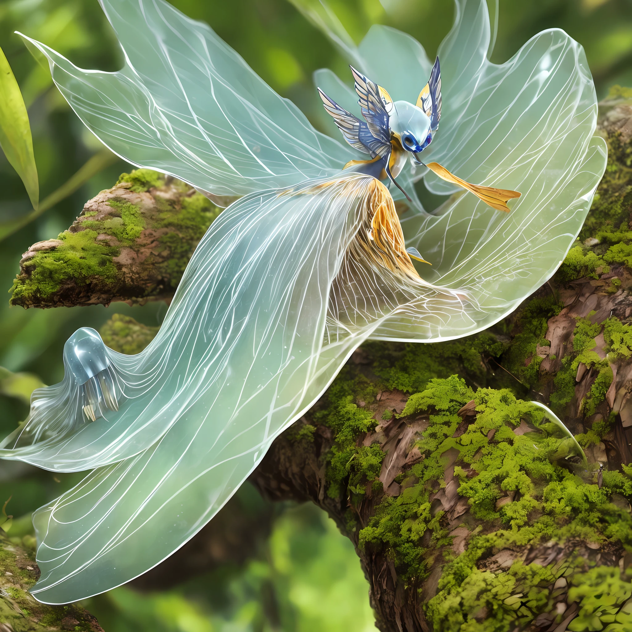 Leathery slippery creature with four wings. Wings transparent, four eyes, long narrow muzzle, with a long thin tongue. Slim, transparent body, jellyfish body, green-blue, (he sits on a branch in the jungle and watches from hiding),hiding in the leaves in a lush forest,(highly detailed:1.2),(best quality:1.2),8k,sharp focus,(subsurface scattering:1.1),(award-winning macro photography:1.1)
(cute:1.2),Leathery slippery creature with four wings.
(very detailed clothes:1.2), (highly detailed background:1.3), chibi, (hyperrealistic:1.2), cinematic lighting, highly detailed,smooth, sharp focus,[(emb-rrf2:1.0):.15]