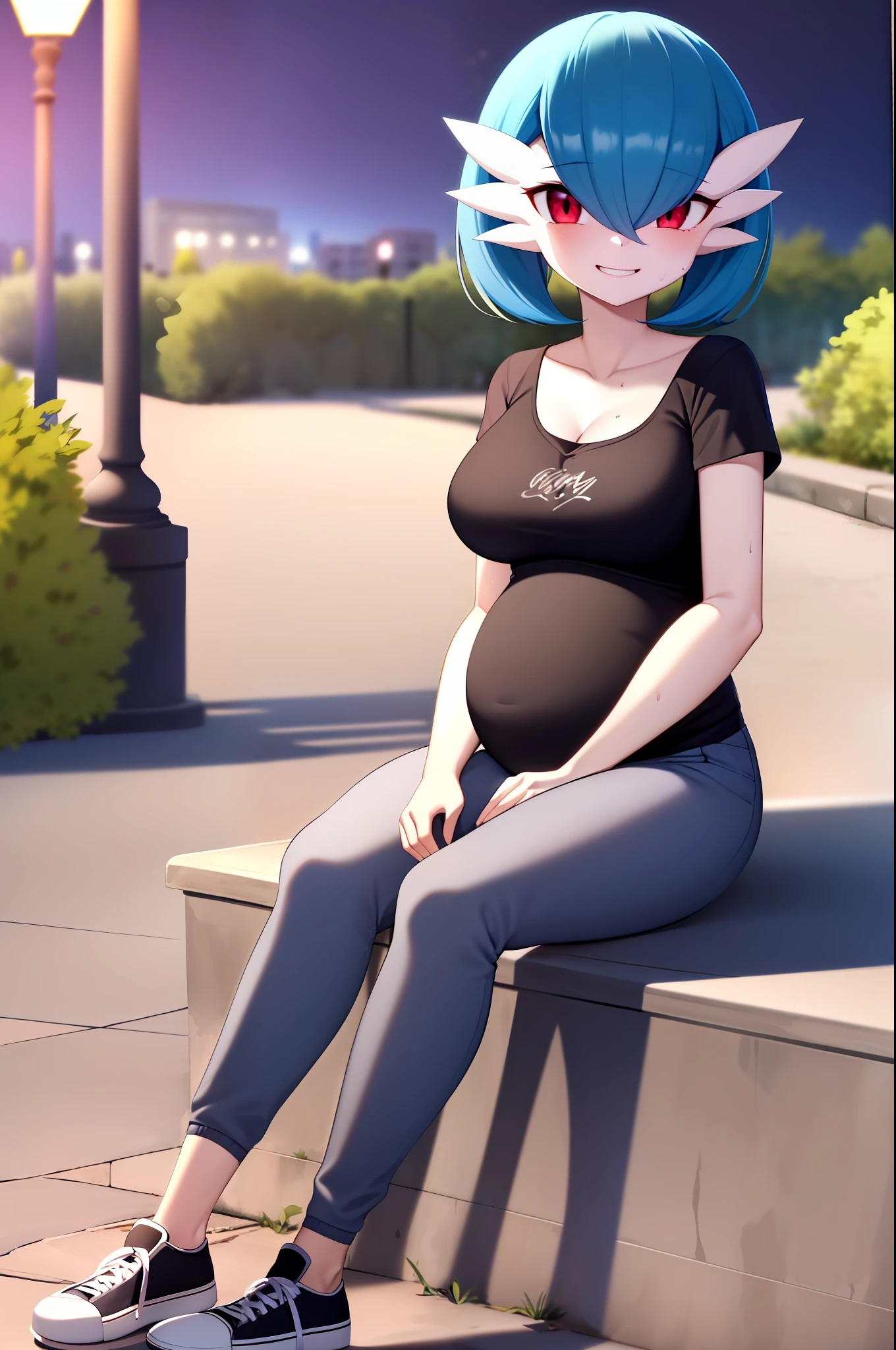 masterpiece, best_quality, 1girl, solo, gardevoir, pokemon\(creature\), blue hair, in a park, park, movie lighting, night, sitting on a bench, smile, casual clothes, short mangs black blouse, low-cut blouse, medium breasts, medium breasts, sweatpants, gray pants, full body, sneakers, pregnant. Red eyes, detailed eyes, laughing.