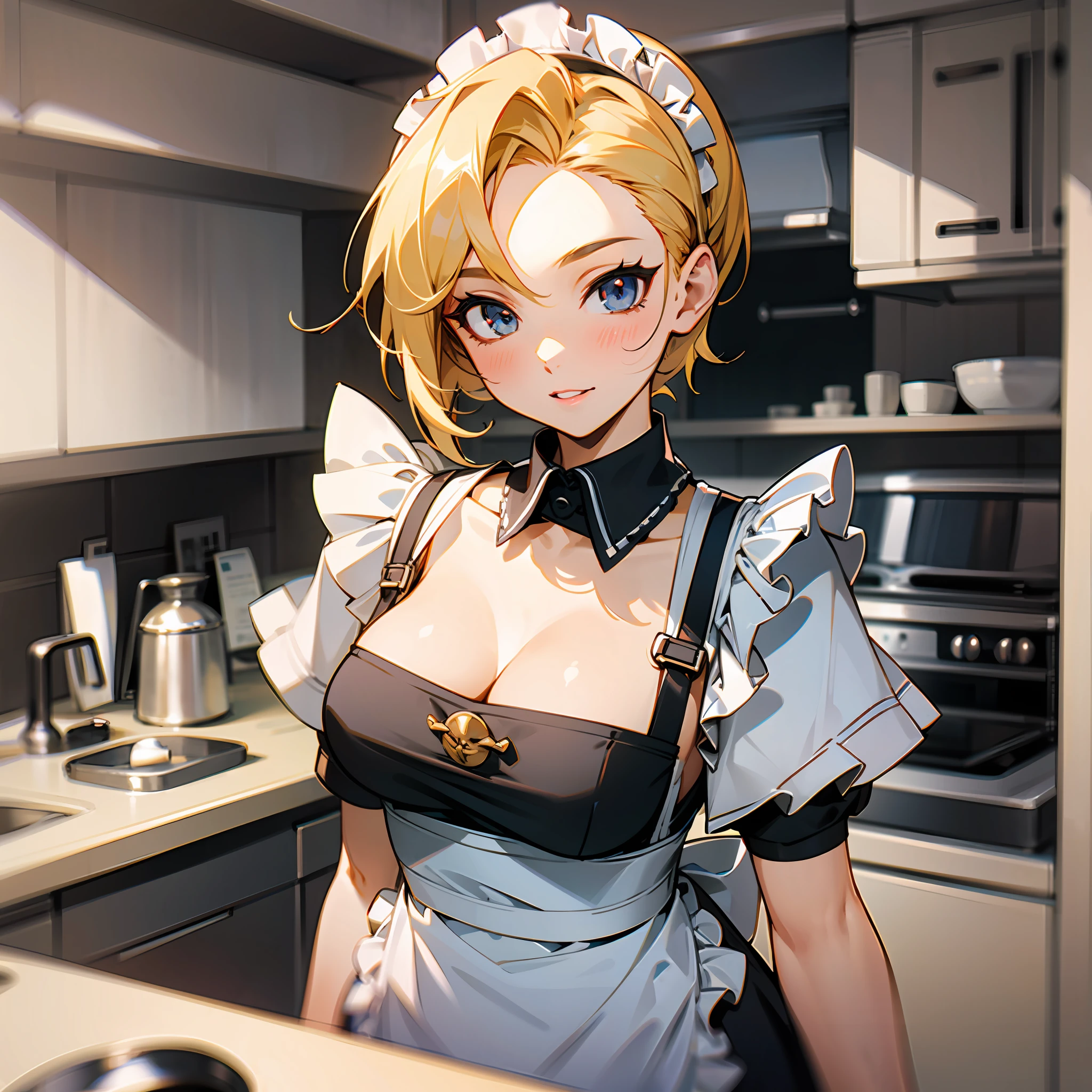 photo of th3r0ck as a playful maid, 1girl, undercut hair, apron, amazing body, pronounced feminine feature, busty, kitchen, blonde medium hair, flirting with camera