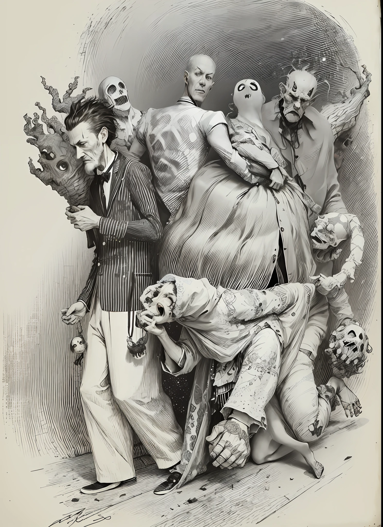 Photo of a thin man tightly surrounded by various ghosts,