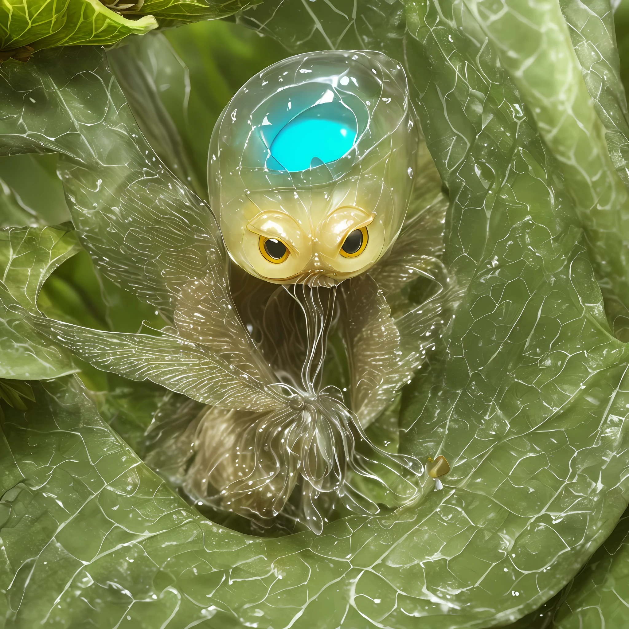 Leathery slippery creature with four wings. Wings transparent, four eyes, long narrow muzzle, with a long thin tongue. Slim, transparent body, jellyfish body, green-blue, (he sits on a branch in the jungle and watches from hiding),hiding in the leaves in a lush forest,(highly detailed:1.2),(best quality:1.2),8k,sharp focus,(subsurface scattering:1.1),(award-winning macro photography:1.1)
(cute:1.2),Leathery slippery creature with four wings.
(very detailed clothes:1.2), (highly detailed background:1.3), chibi, (hyperrealistic:1.2), cinematic lighting, highly detailed,smooth, sharp focus,[(emb-rrf2:1.0):.15]