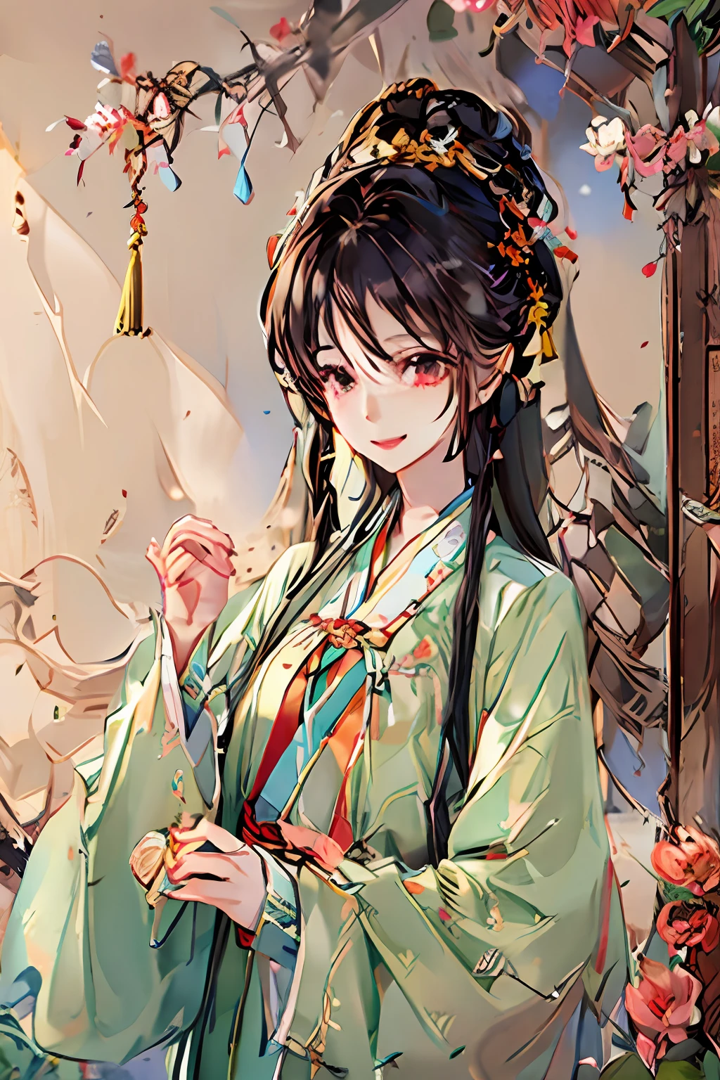 (masterpiece),best quality,good anatomy, shuimobysim,(1 girl:1), (upper body),(smile),short hair,(hanfu),(ecchi0.5), (trees:0.5), (flowers:0.6) ,(wooden house:0.2),(bamboo forest:0.2),(creek:0.2),(river:0.2),