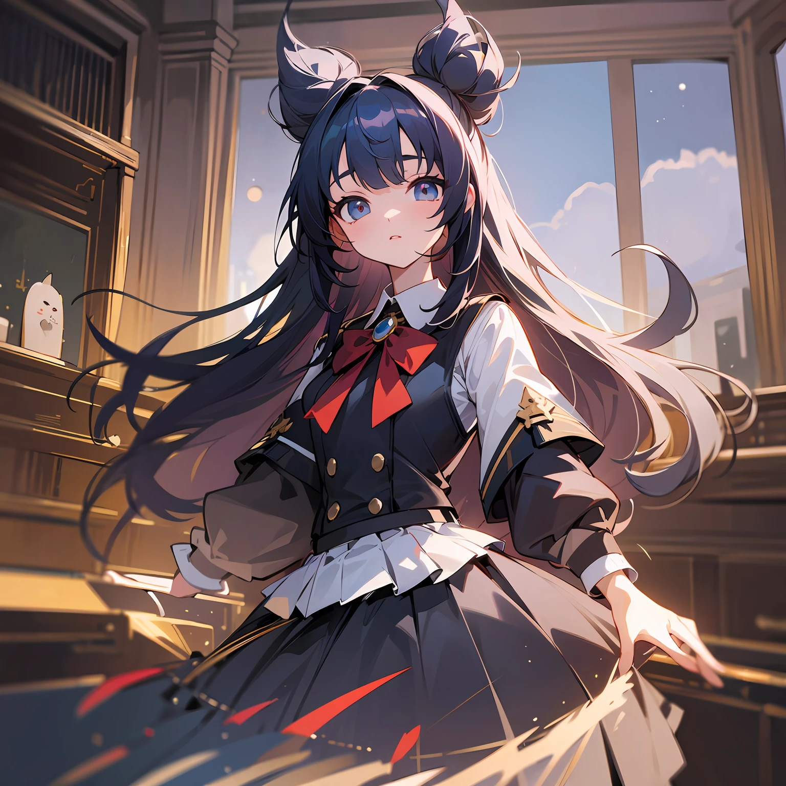 tmasterpiece， Best quality at best， A high resolution， red eyes，dual horsetail ，Clothing cutting， longer sleeves， The shirt， Black bow， Feather ornament， white thighhig， black glove， Black pleated skirt， cowboy photo， standing on your feet， Raised skirt， Black panty， Rinse your nose， exteriors --auto