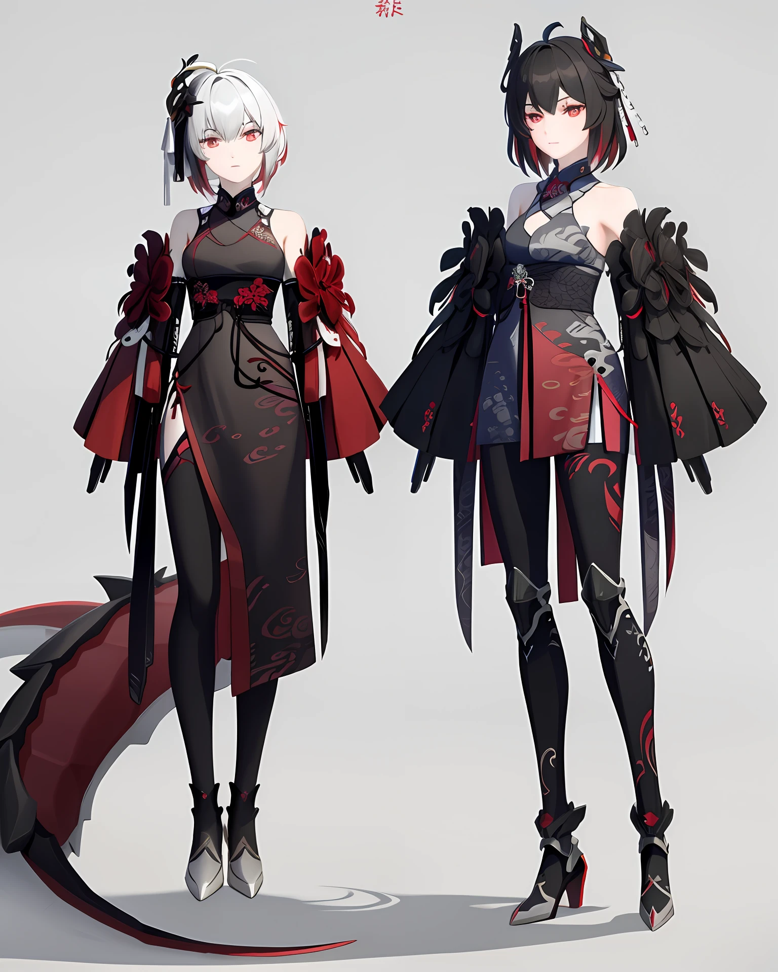 Black and red color scheme,Mecha Chinese dragon,Female Hanfu Dragon Knight,Realistic painting style.