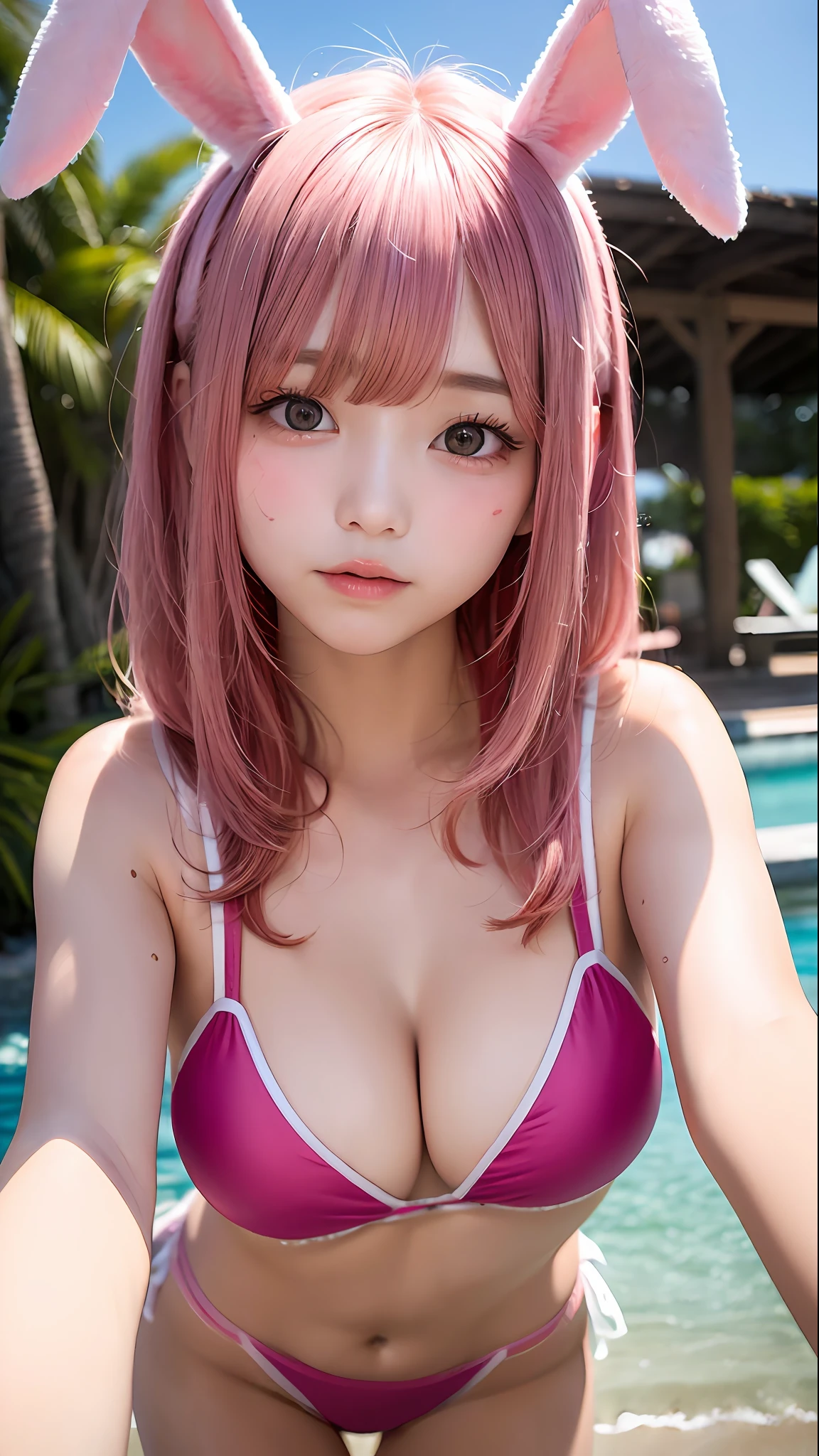 Pink hair、Pink rabbit ears、女の子1人、独奏、pink bikinis、Magenta bikini、the beach、hawaii、masterpiece、top-quality、realisitic、Hyper-detailing、(Glossy skin、be sweaty:1.4)、absurderes、Looking at the camera、short pink hair、Brown-eyed、Slender beauties、动态照明、hight resolution、foco nítido、depth of fields、Detailed eye、Sharp eyes、Realistic eyes、Beautiful、(Beautiful:1.6)、(thick thight:1.0)、Deserted、、hugetits、natural
