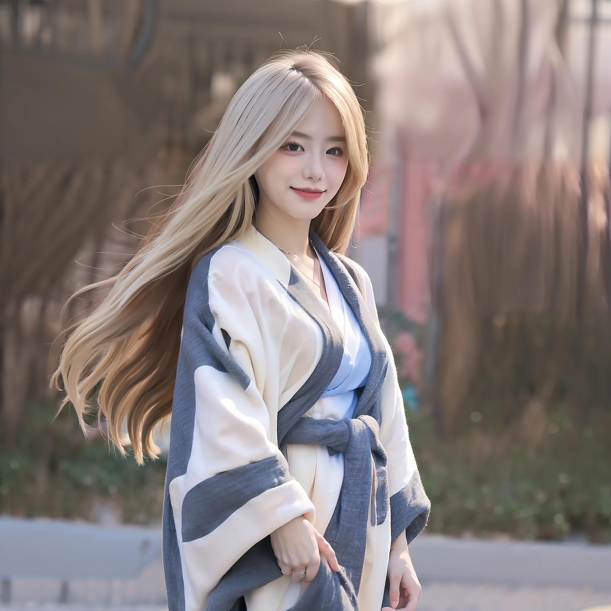 "((Beautiful picture, Best quality, k hd, Excellent depiction, Beautiful standing painting, outside,parks, It's exciting), (girl with super long hair+blond girl:1.2), Unique temperament, ssmile, Exudes fragrance,Blue and white kimono,) "